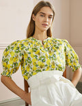 Blouse manches courtes à smocks-Ivoire, citron grimpant