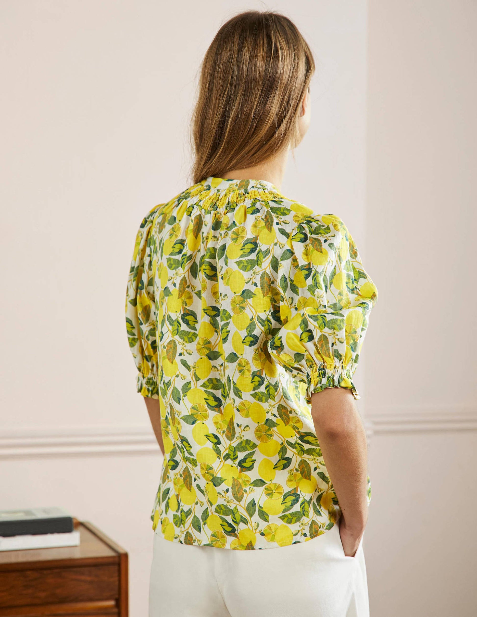 Blouse manches courtes à smocks-Ivoire, citron grimpant-3