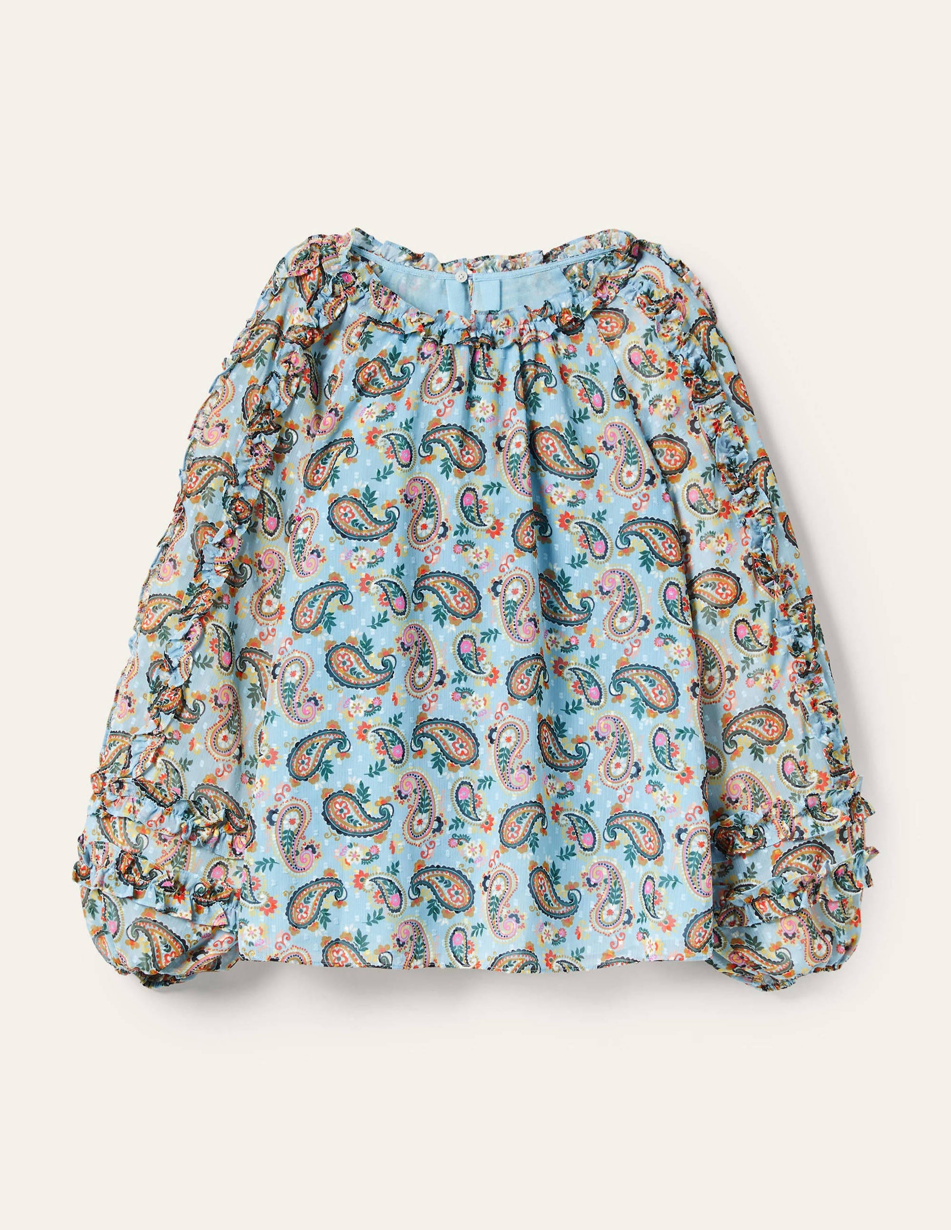 Raglanbluse mit Rüschen-Gedecktes Blau, Paisleymuster-6