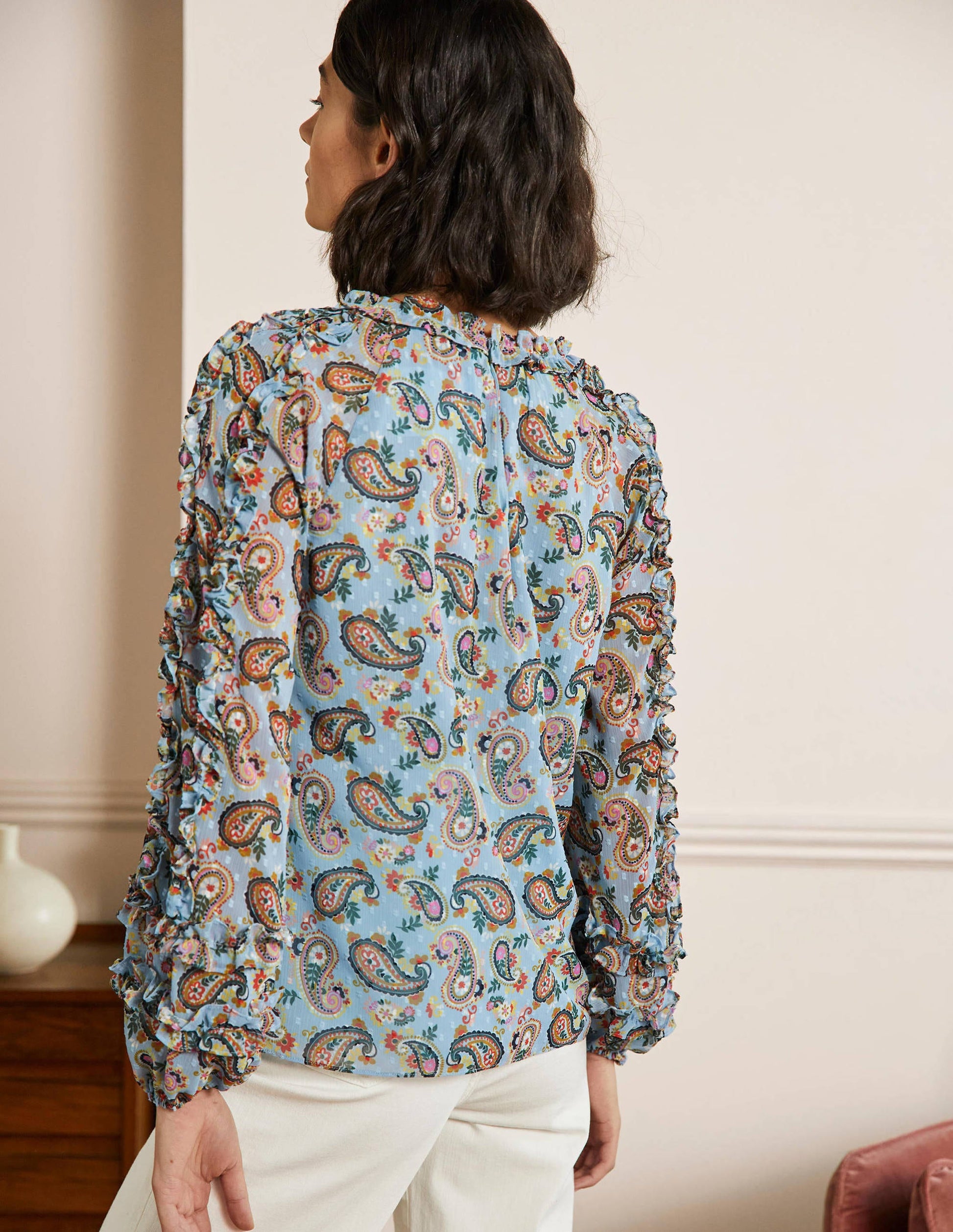 Raglanbluse mit Rüschen-Gedecktes Blau, Paisleymuster-3