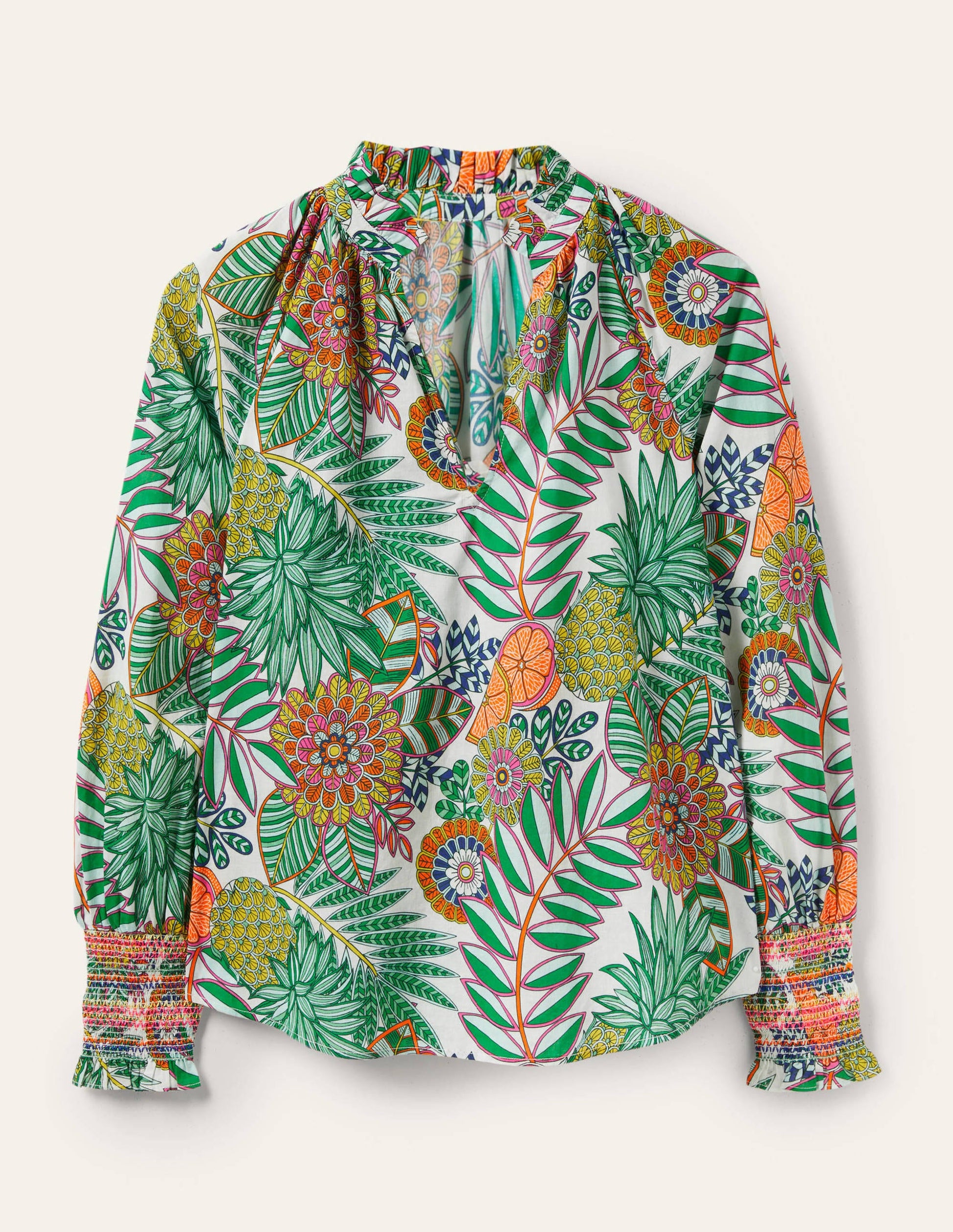 Smocked Cuff Printed Top-Ivory, Pineapple Bloom-5