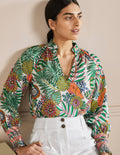 Smocked Cuff Printed Top-Ivory, Pineapple Bloom