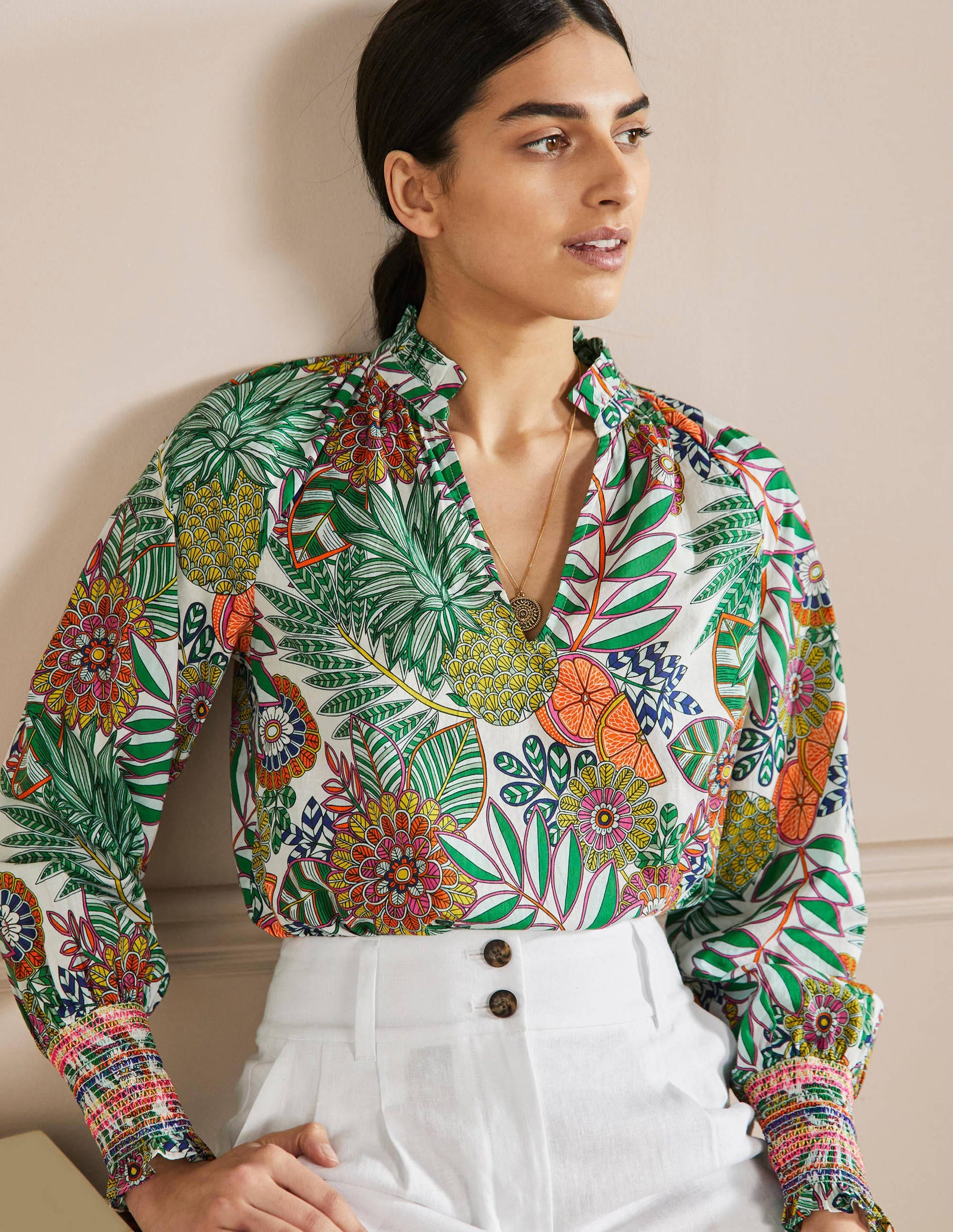 Smocked Cuff Printed Top-Ivory, Pineapple Bloom-1