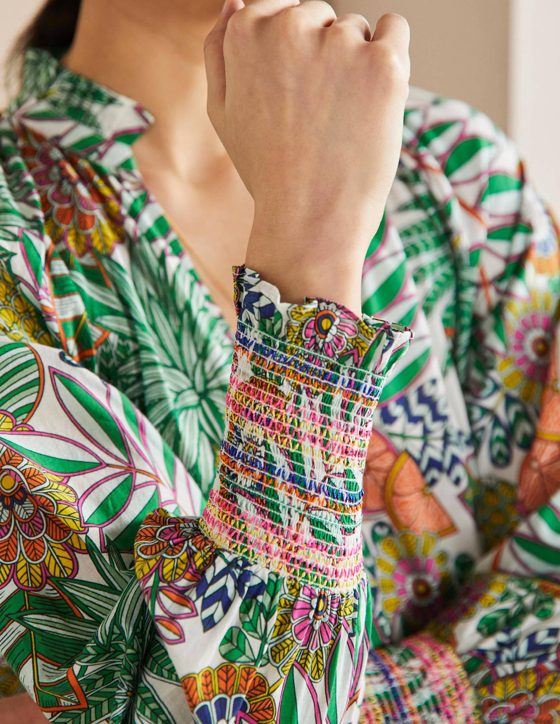 Smocked Cuff Printed Top-Ivory, Pineapple Bloom-2