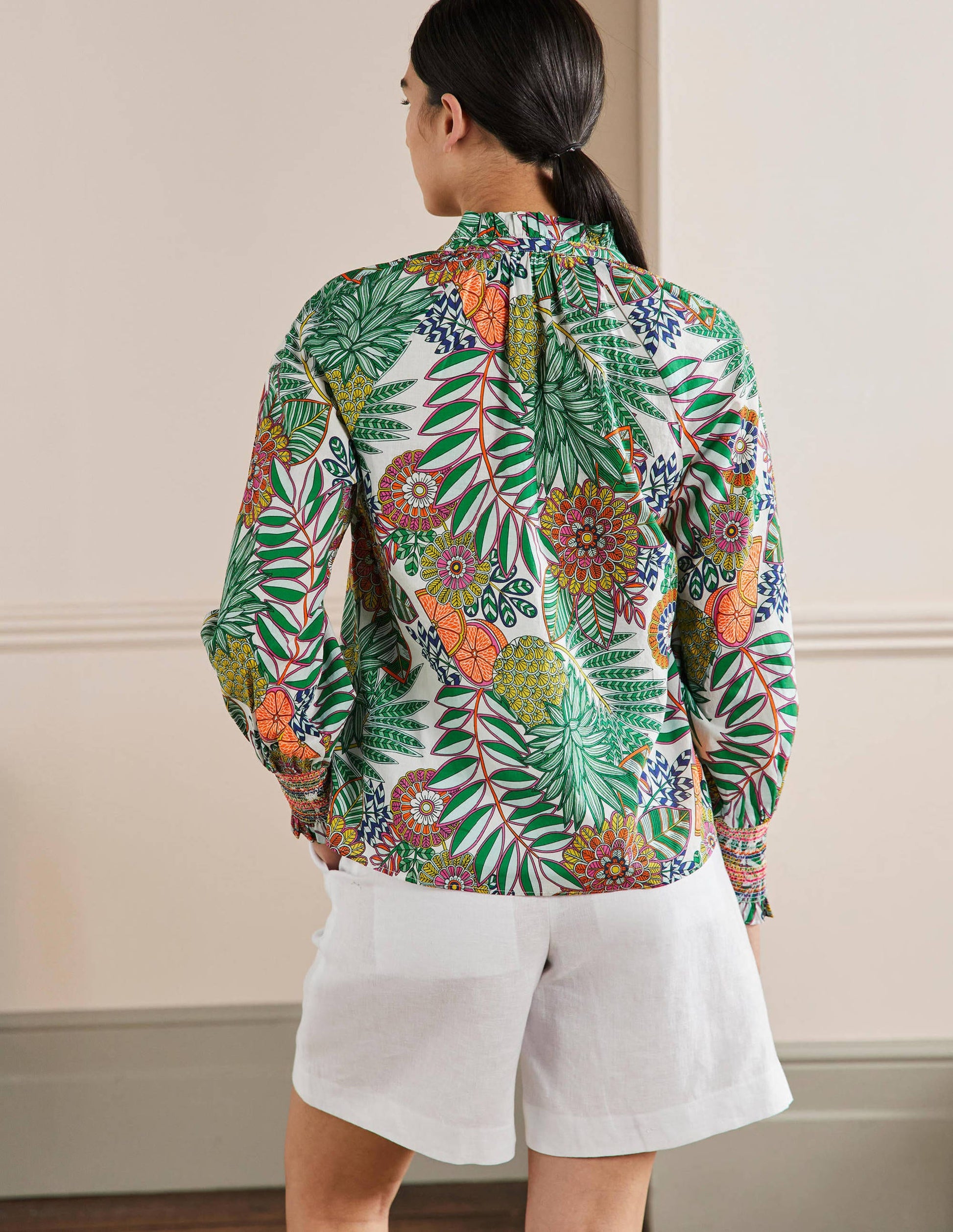 Smocked Cuff Printed Top-Ivory, Pineapple Bloom-3