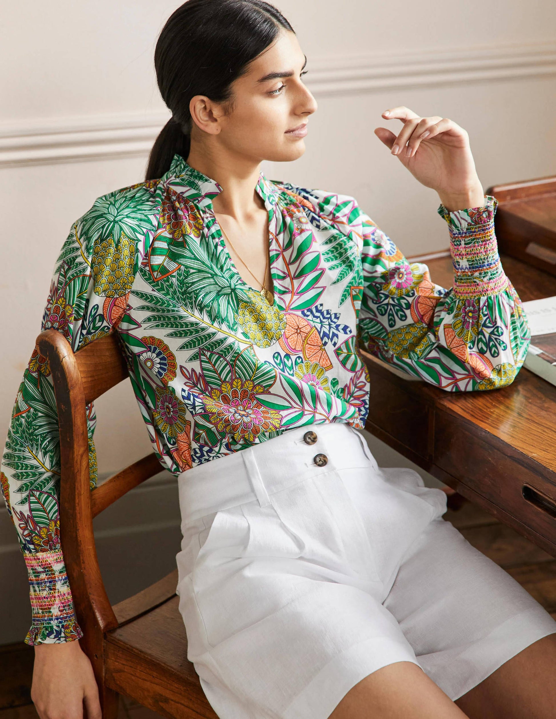 Smocked Cuff Printed Top-Ivory, Pineapple Bloom-4