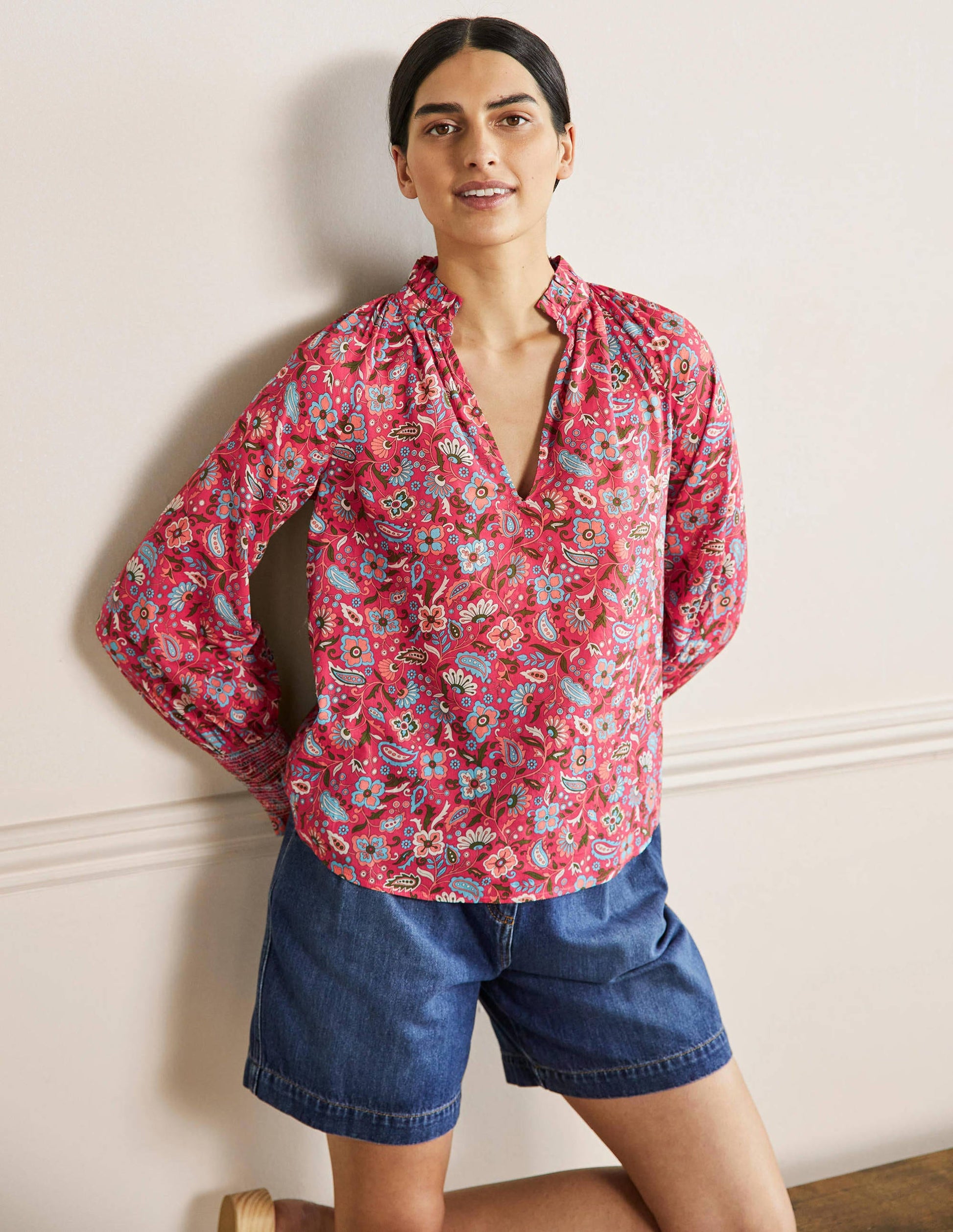 Top imprimé avec poignets à smocks-Radis, motif Oriental Paradise-4