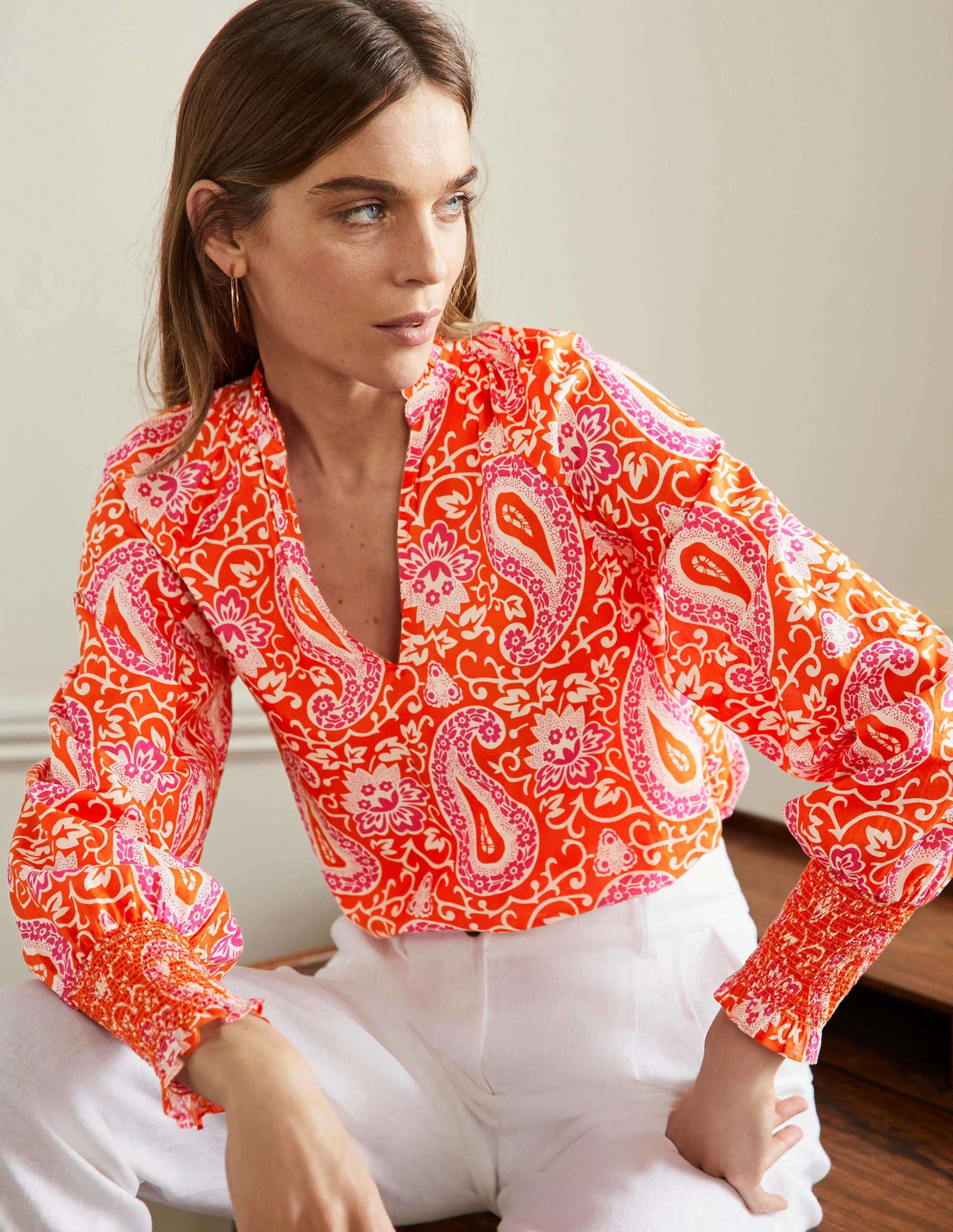 Top imprimé avec poignets à smocks-Papaye, motif Enchanting Paisley - Image 1