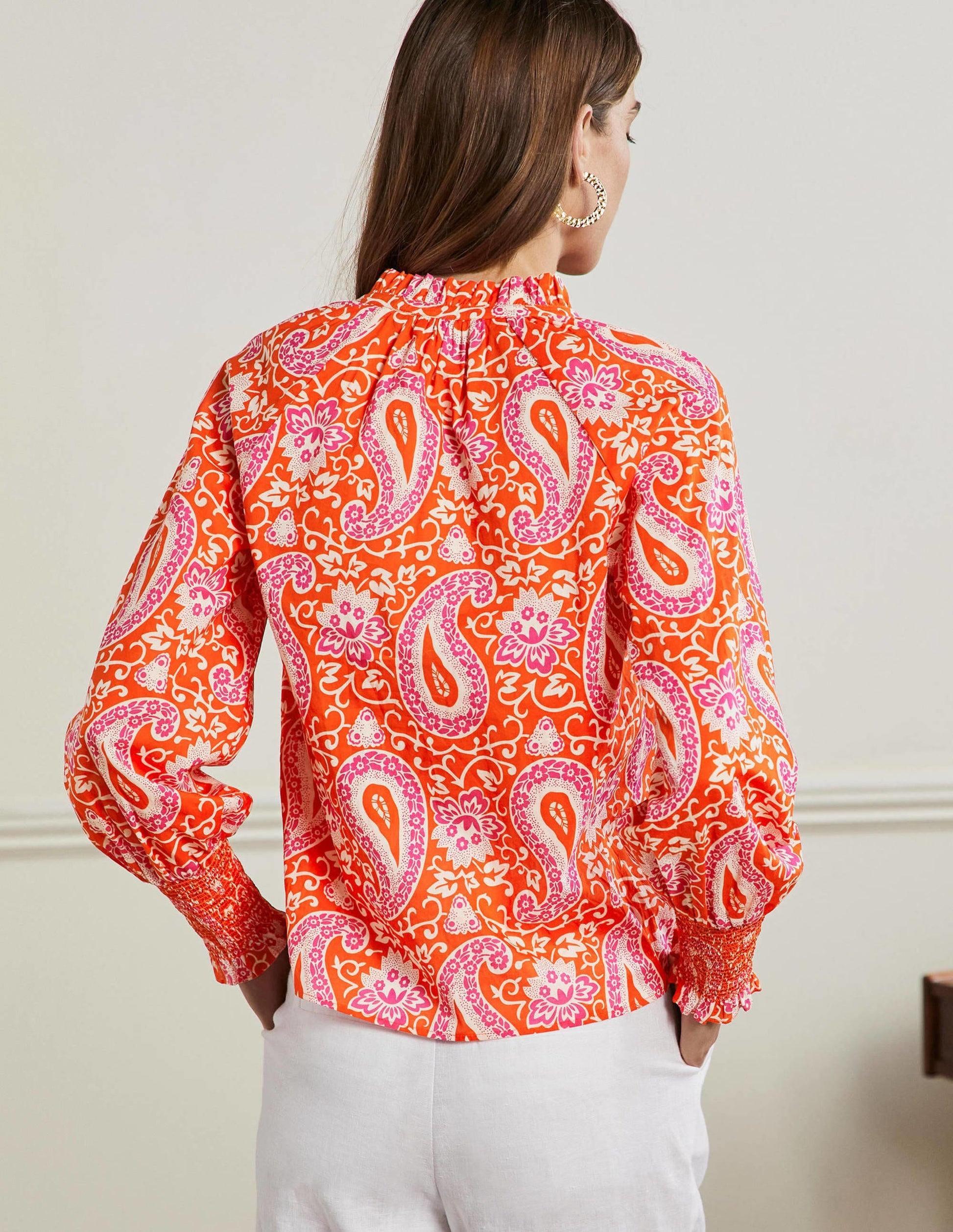 Top imprimé avec poignets à smocks-Papaye, motif Enchanting Paisley-3