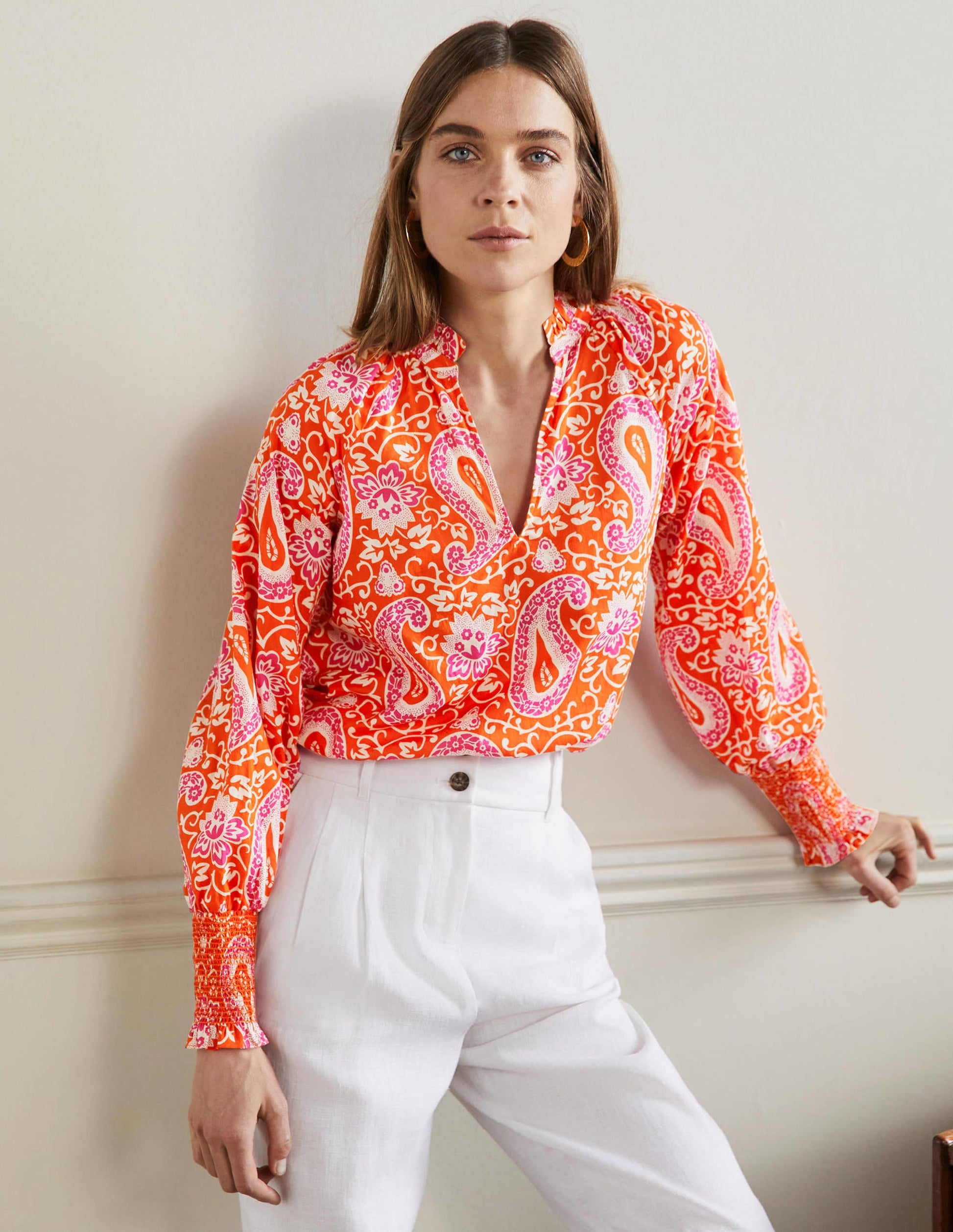 Top imprimé avec poignets à smocks-Papaye, motif Enchanting Paisley-5