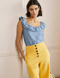 Sleeveless Ruffle Linen Top-Chambray