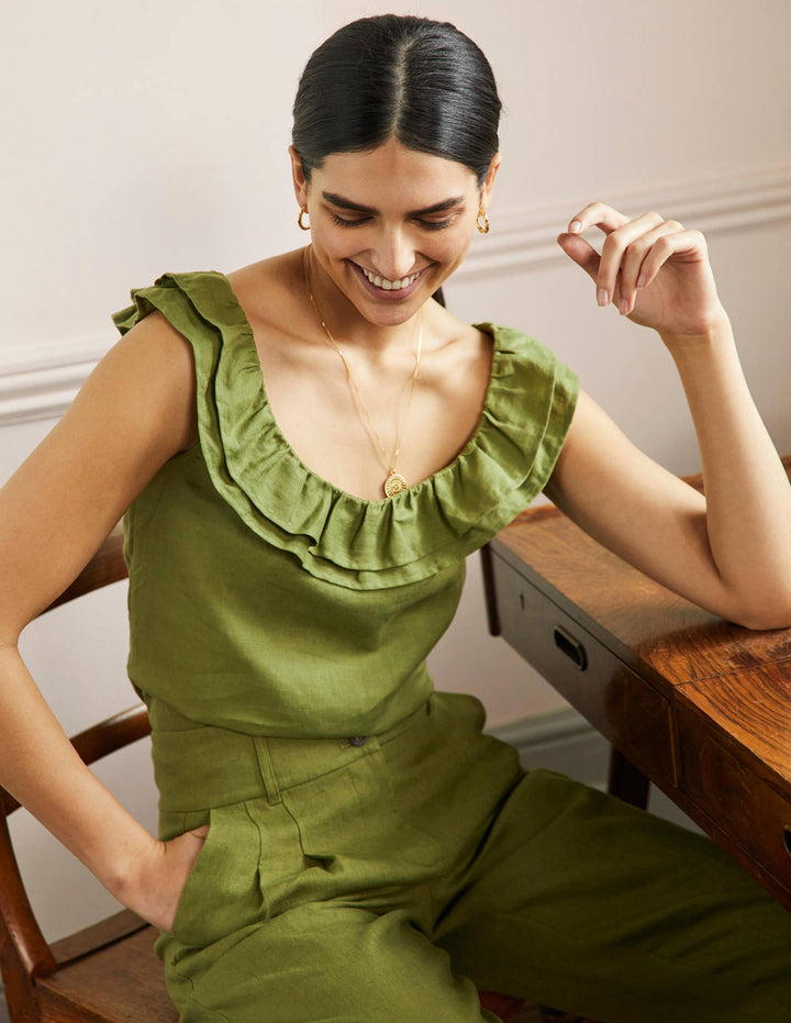 Sleeveless Ruffle Linen Top-Pea Green