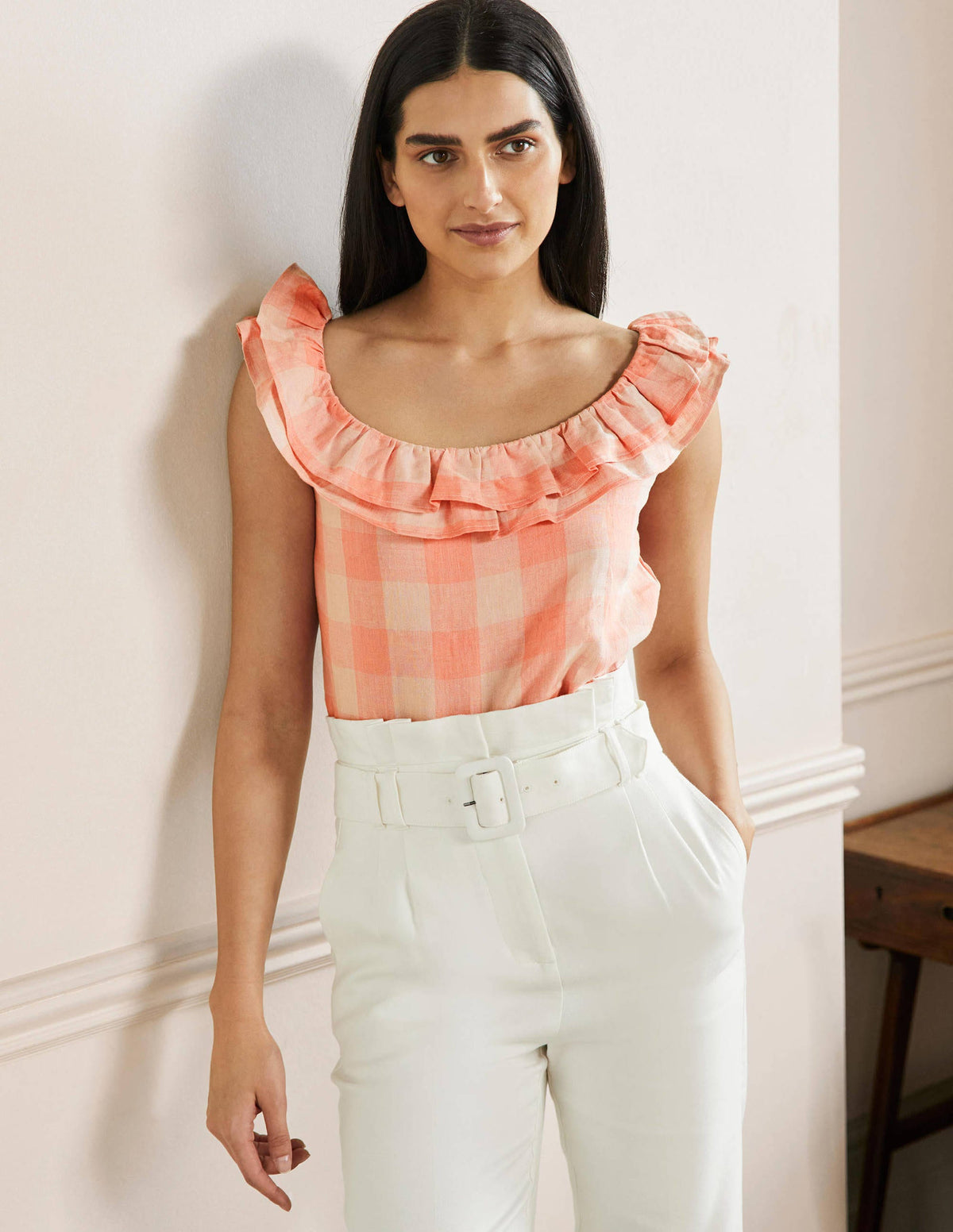 Sleeveless Ruffle Linen Top-Tonal Pinks Gingham - Image 1
