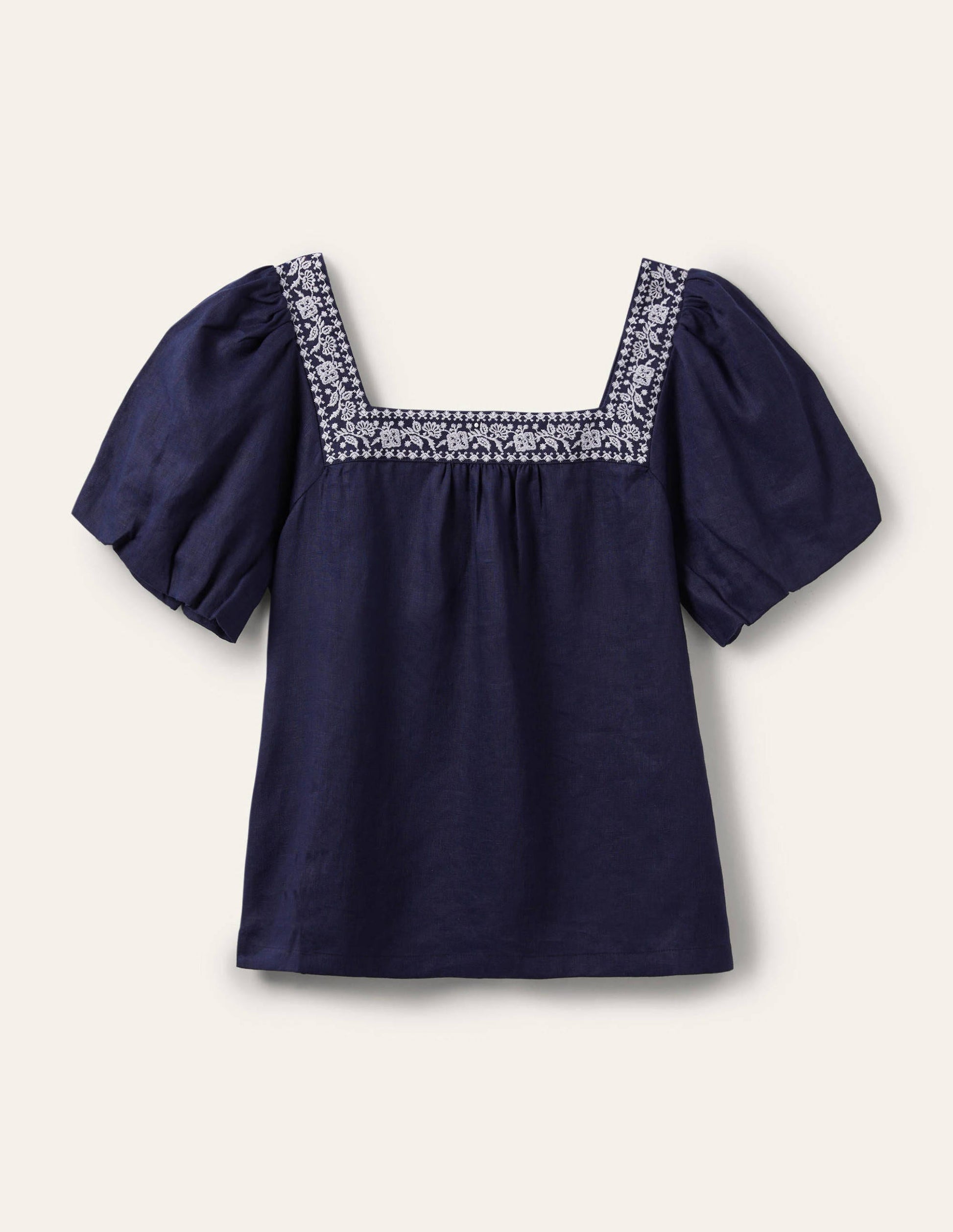 Top à col carré en lin-Broderie bleu marine-5