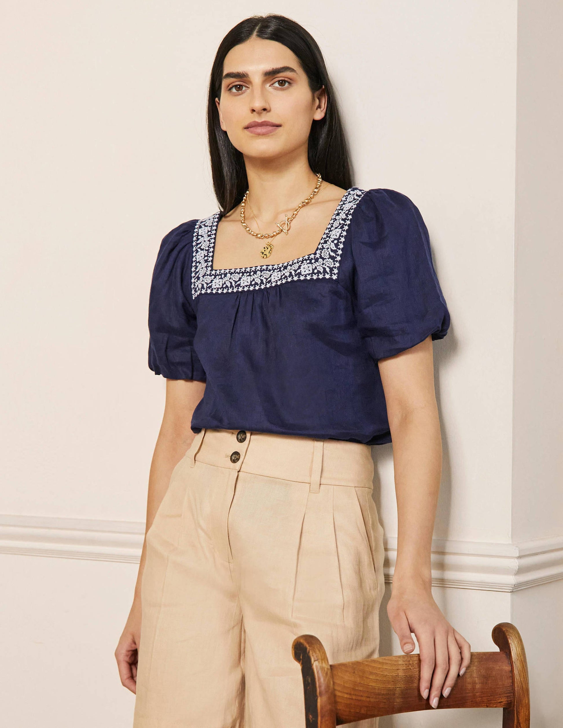 Top à col carré en lin-Broderie bleu marine-4