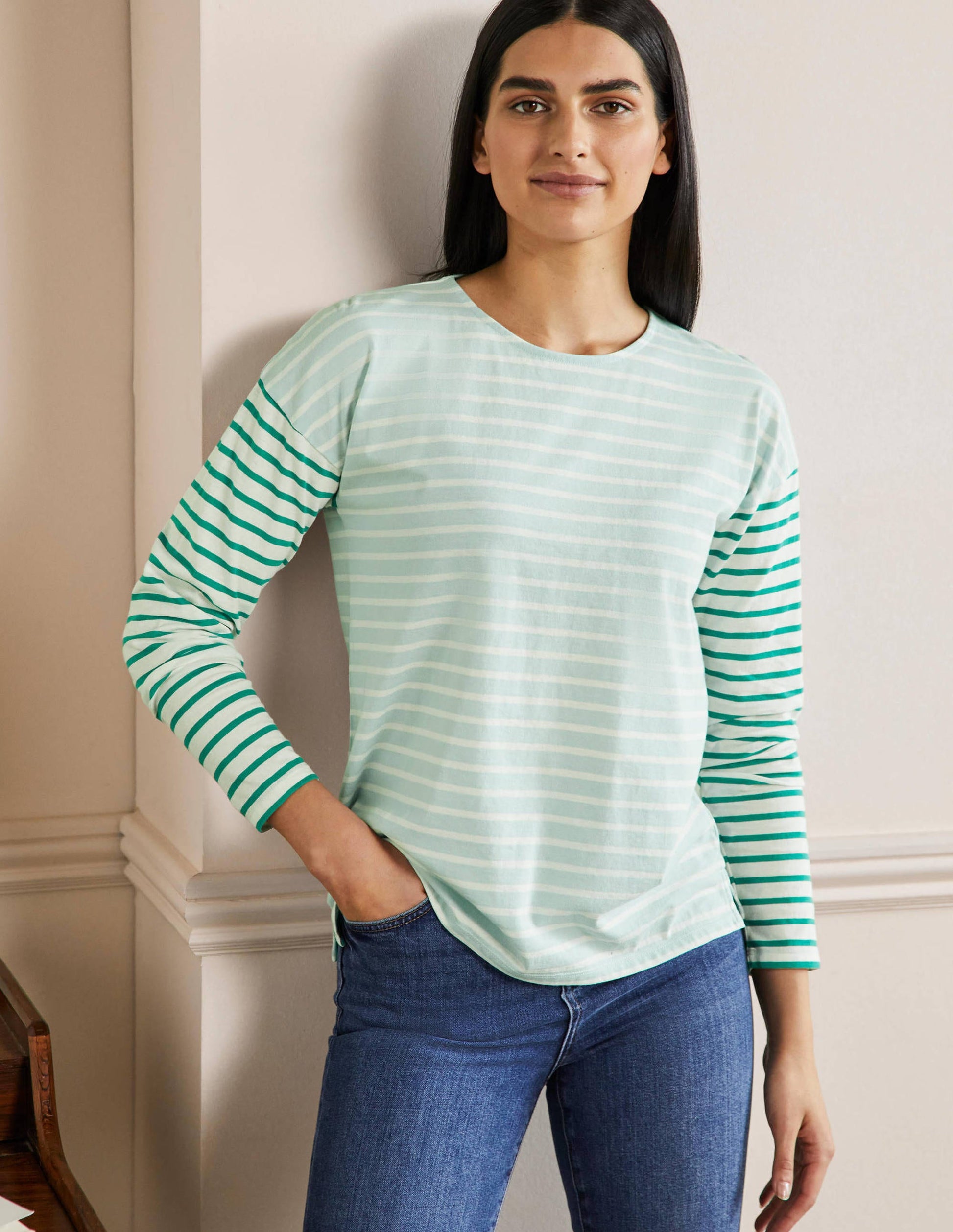 Bretonshirt mit überschnittenen Schultern-Morgendämmerungsblau/Naturweiß, Gestreift-4