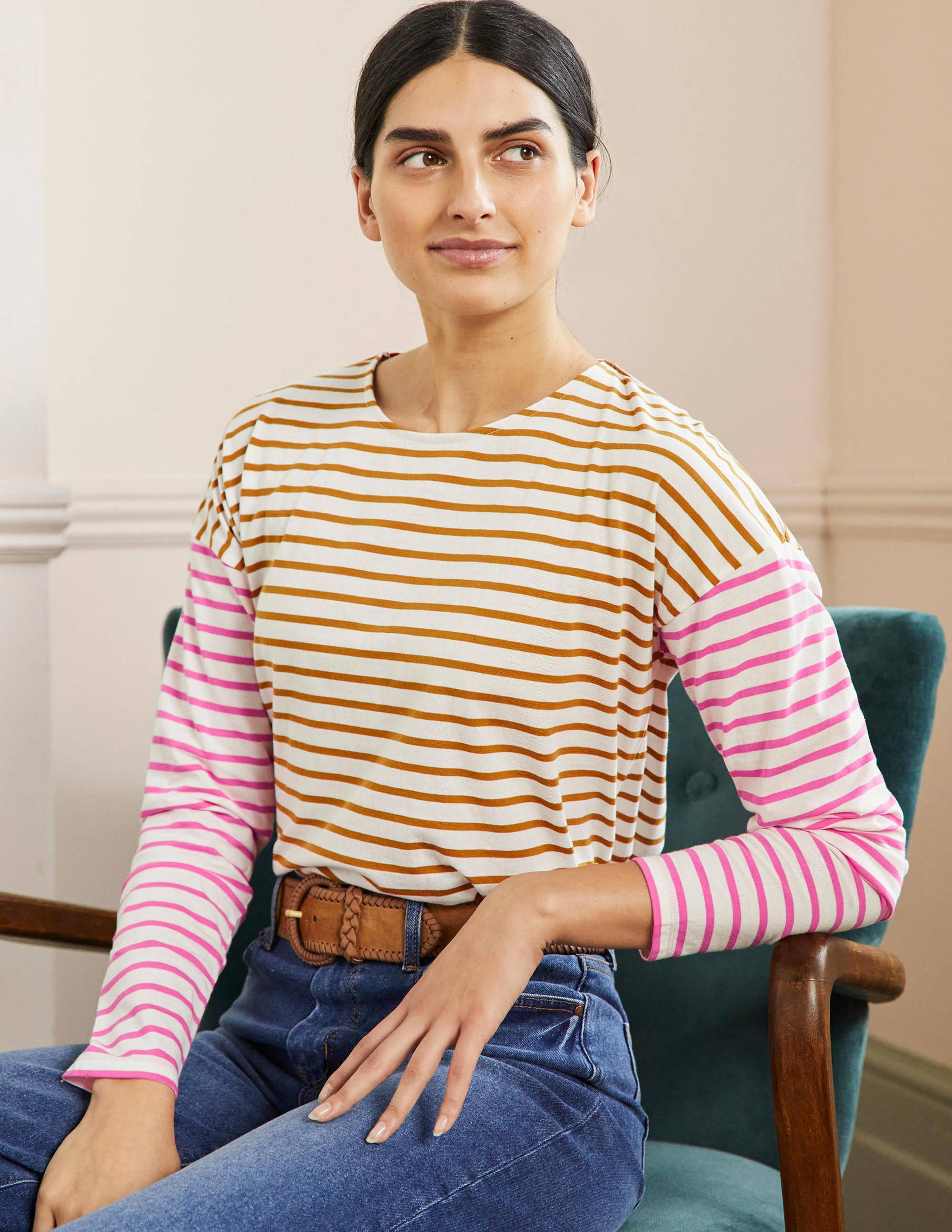 Bretonshirt mit überschnittenen Schultern-Naturweiß/Weihrauch, Gestreift - Image 1