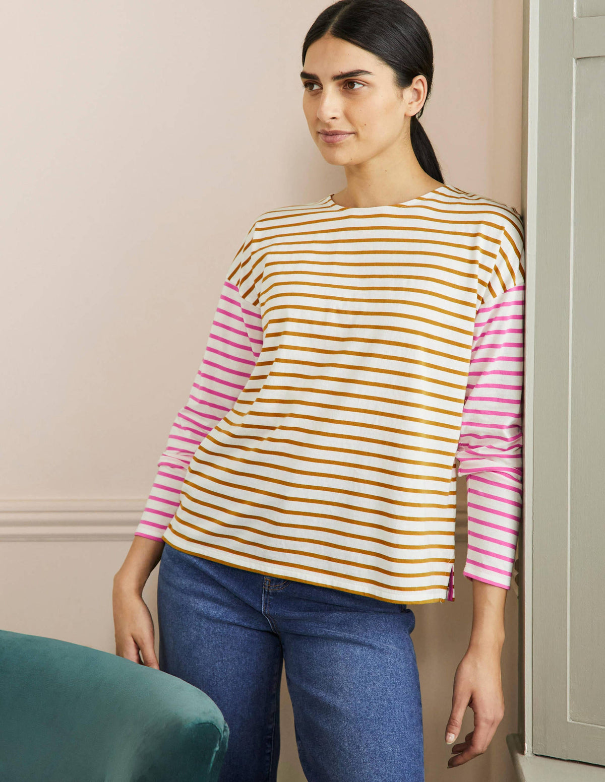 Bretonshirt mit überschnittenen Schultern-Naturweiß/Weihrauch, Gestreift-4