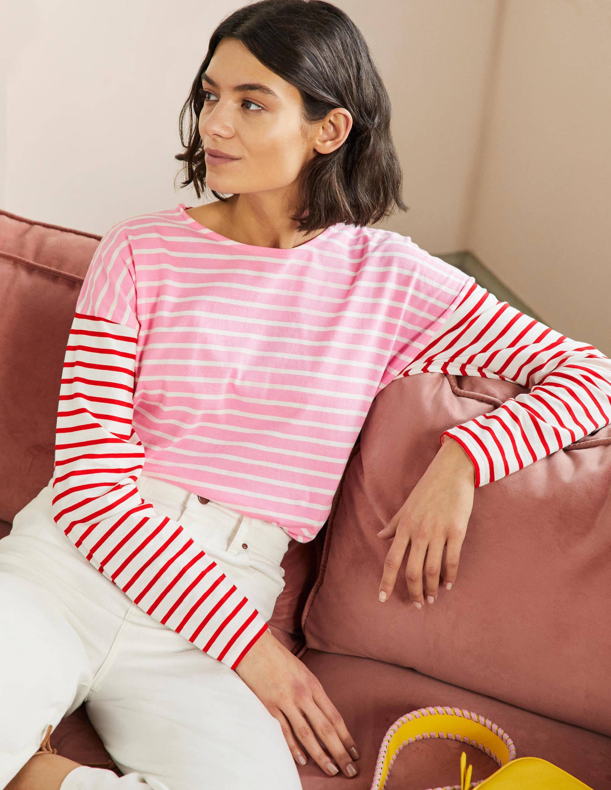 Bretonshirt mit überschnittenen Schultern-Tiefes Rosa/Naturweiß, Gestreift-1
