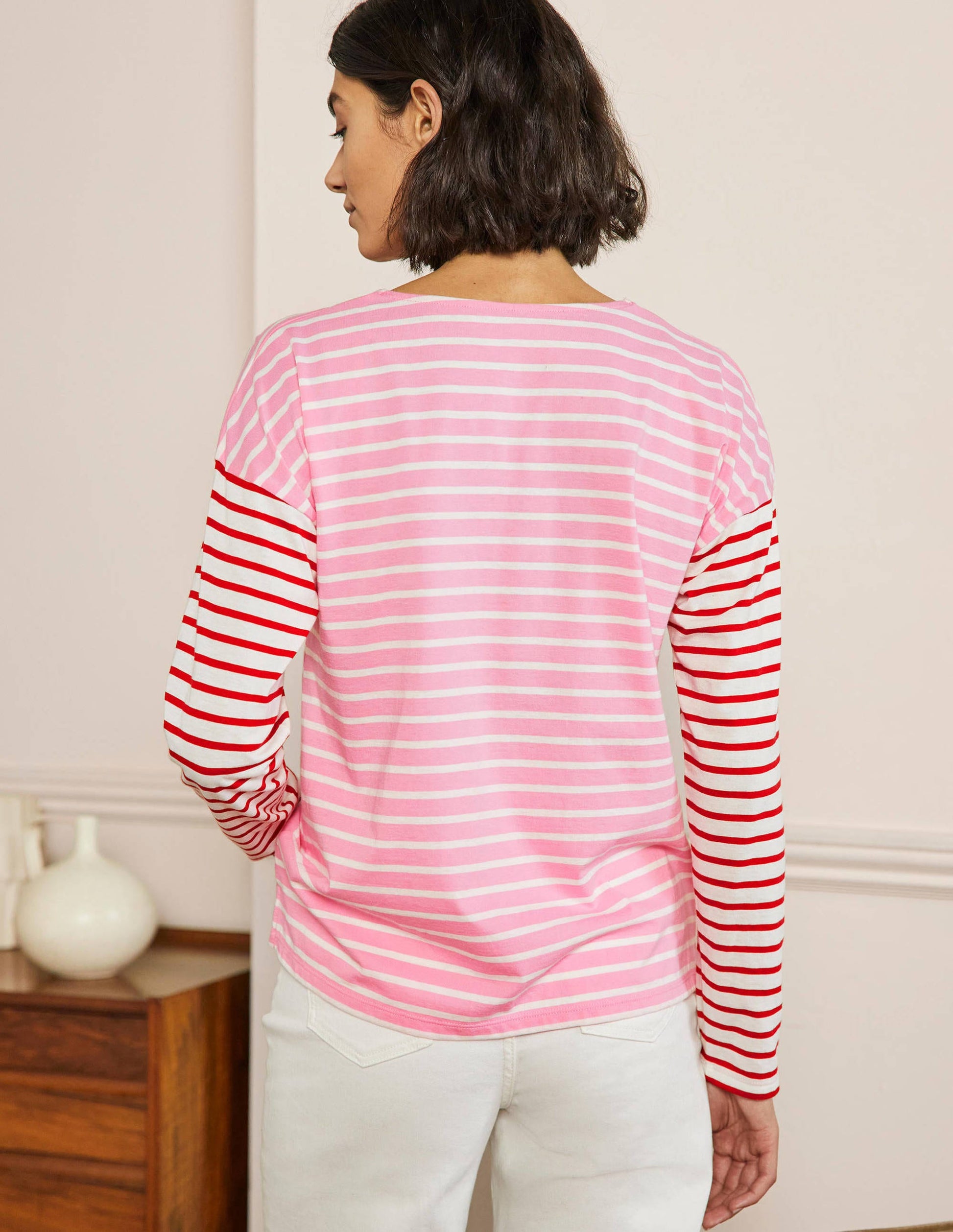 Bretonshirt mit überschnittenen Schultern-Tiefes Rosa/Naturweiß, Gestreift-3