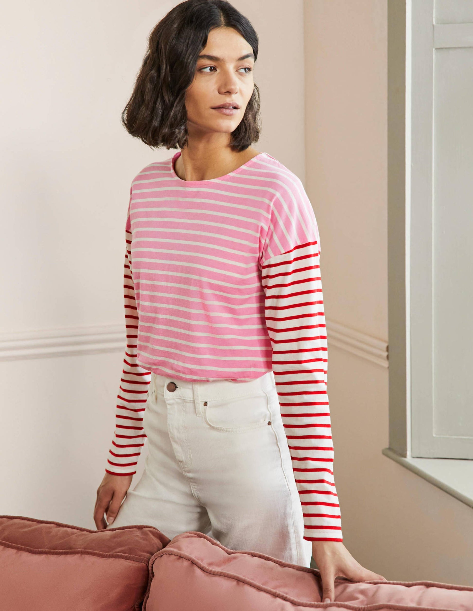 Bretonshirt mit überschnittenen Schultern-Tiefes Rosa/Naturweiß, Gestreift-4