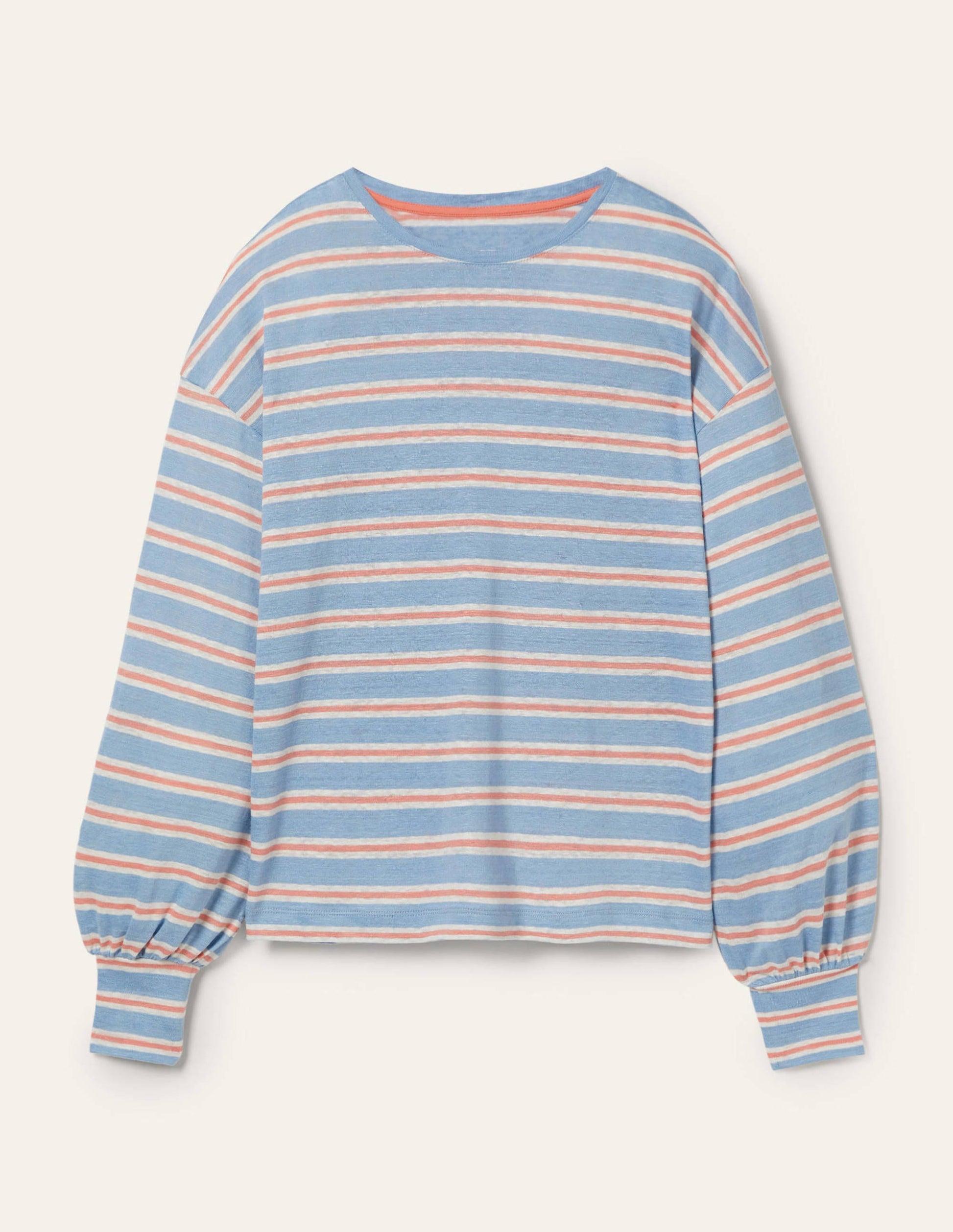 Leinenoberteil mit Blousonärmeln-Graublau/Korallenrot, Gestreift-5