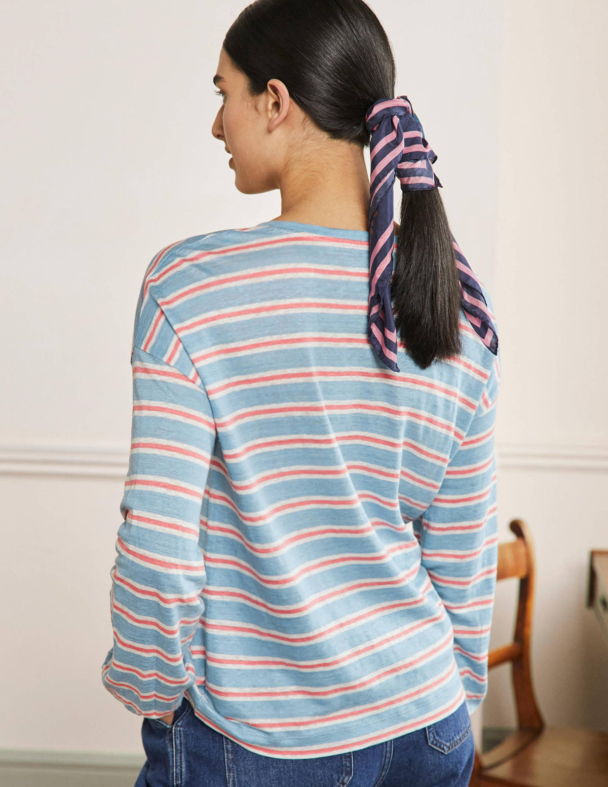 Leinenoberteil mit Blousonärmeln-Graublau/Korallenrot, Gestreift-3