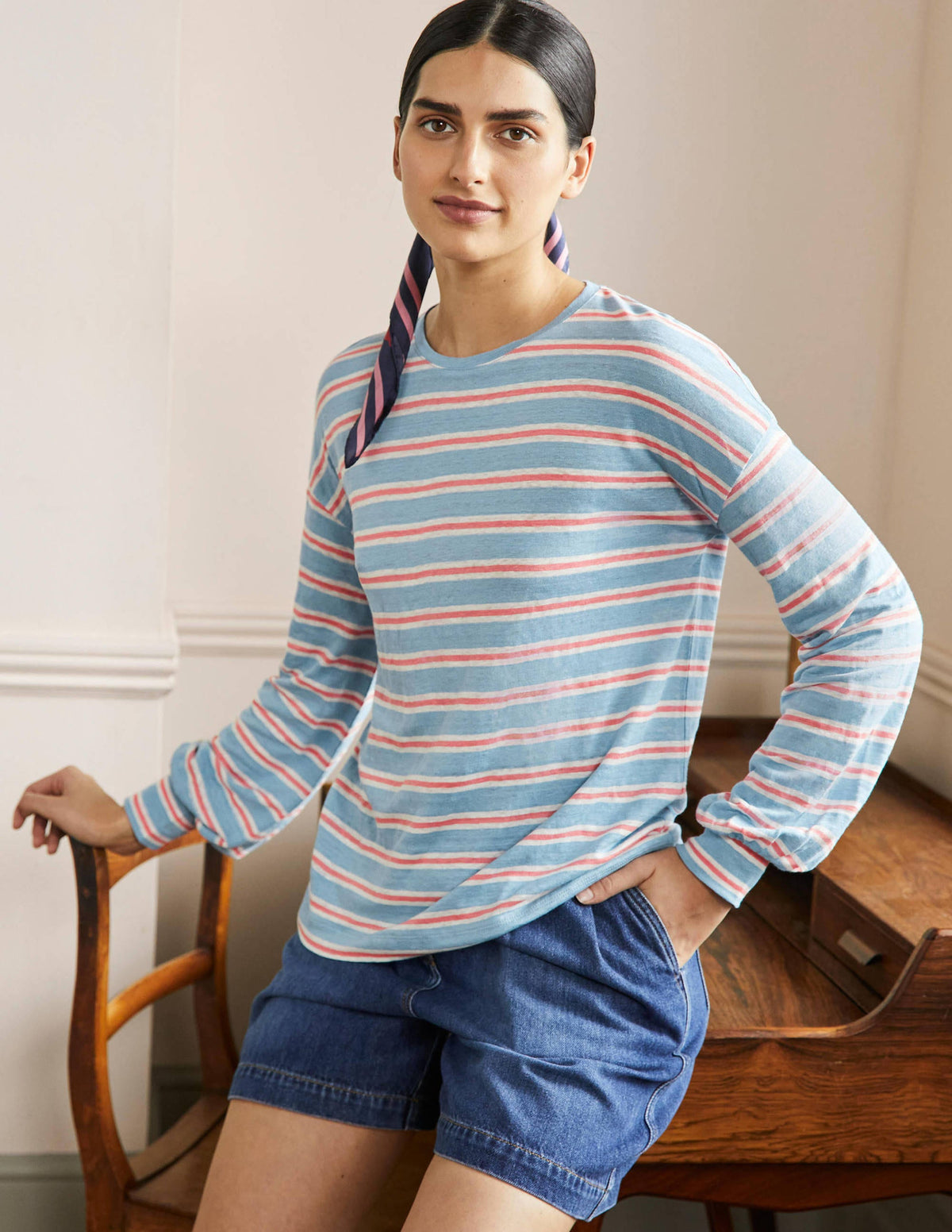 Leinenoberteil mit Blousonärmeln-Graublau/Korallenrot, Gestreift - Image 4
