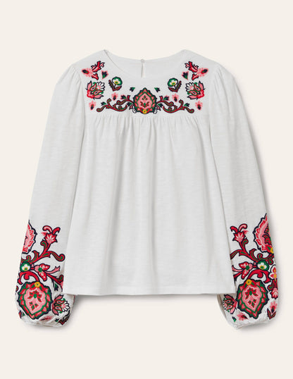 Besticktes Jerseyoberteil mit Blousonärmeln-Weiß-6