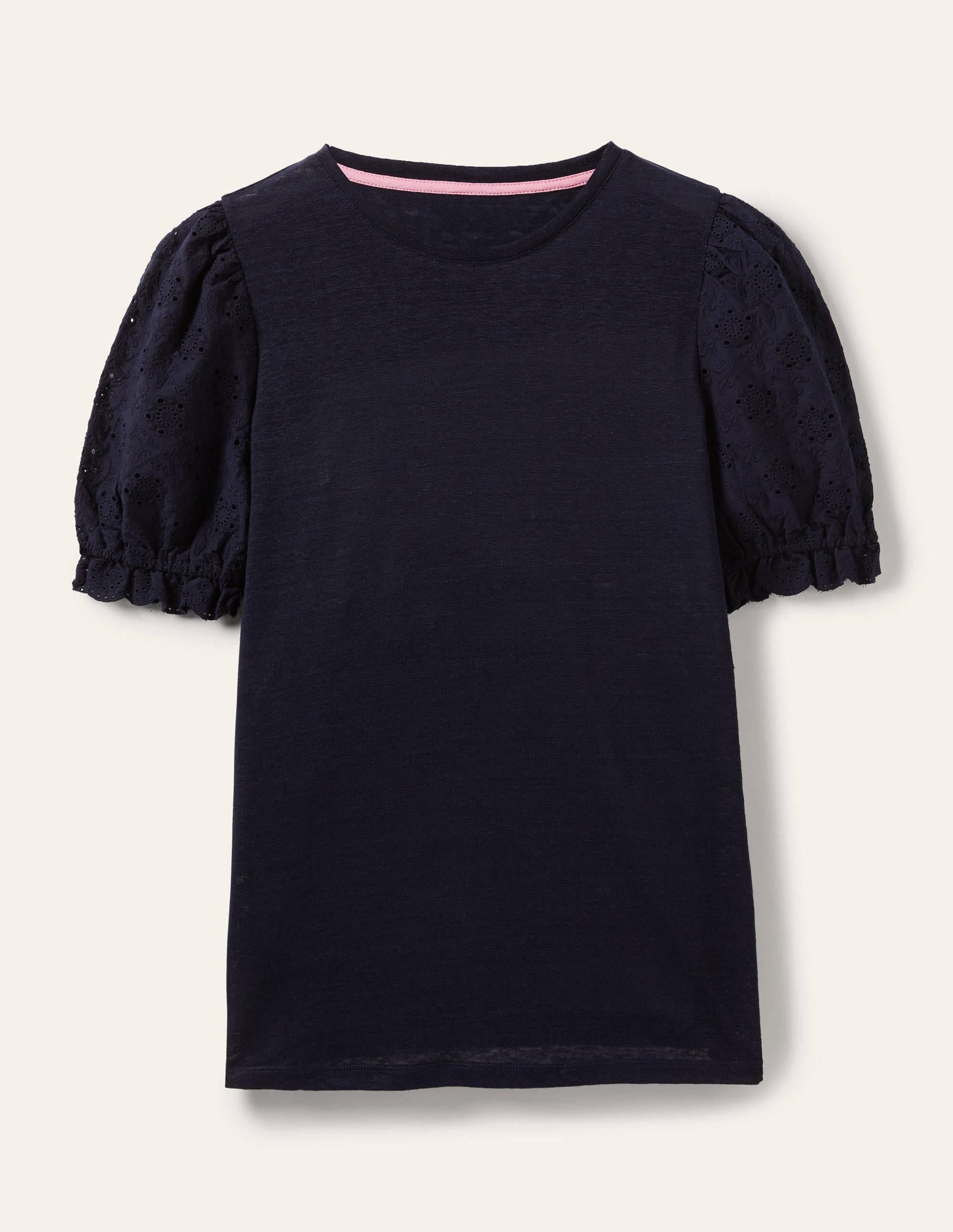 T-shirt en lin avec manches à broderie anglaise-Bleu marine - Image 5