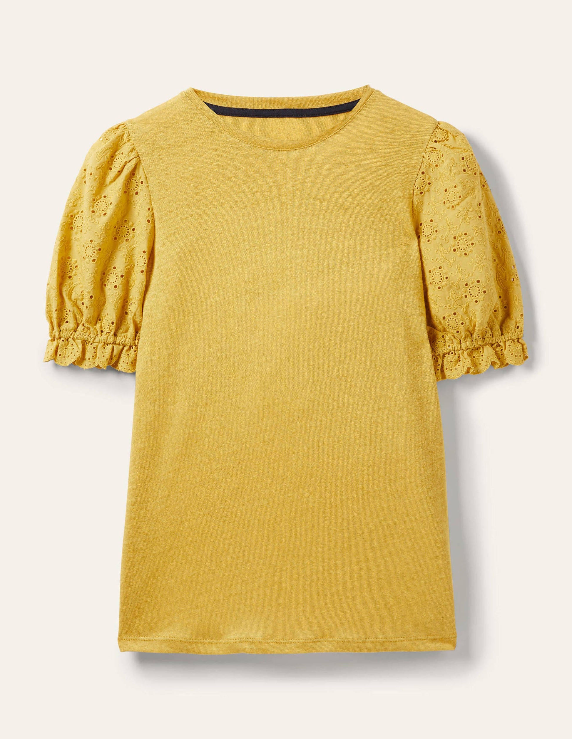 T-Shirt aus Leinen mit Lockstickerei-Buttergelb-5