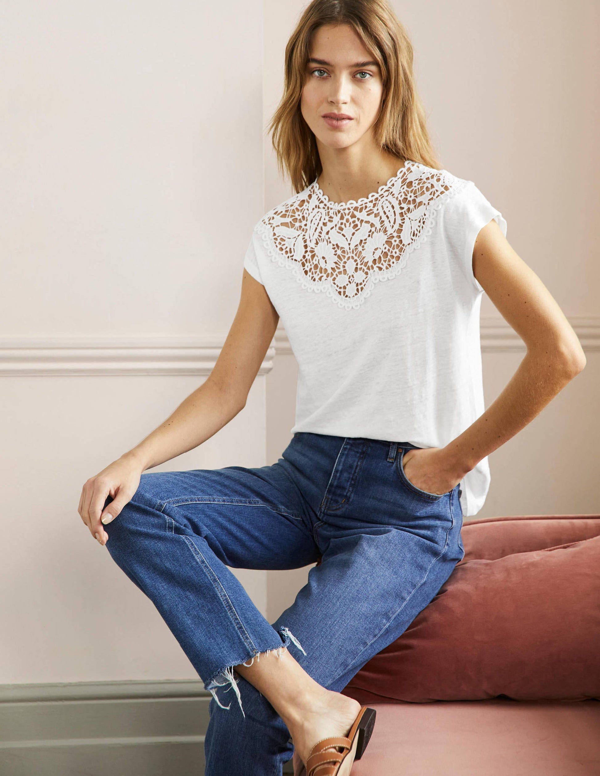 Leinen-T-Shirt mit Lochspitze-Weiß-4