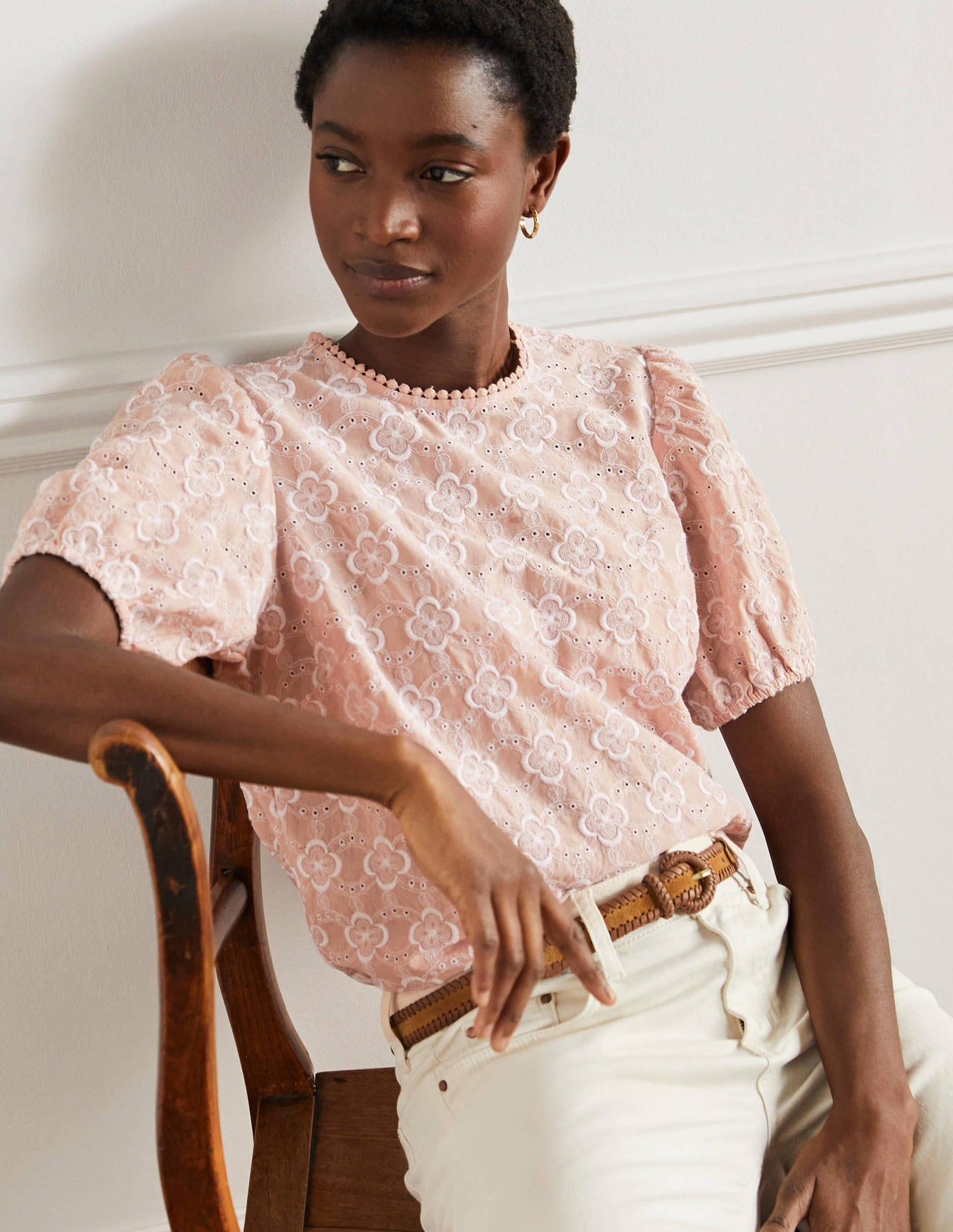 Broderie Puff Sleeve Top-Milkshake