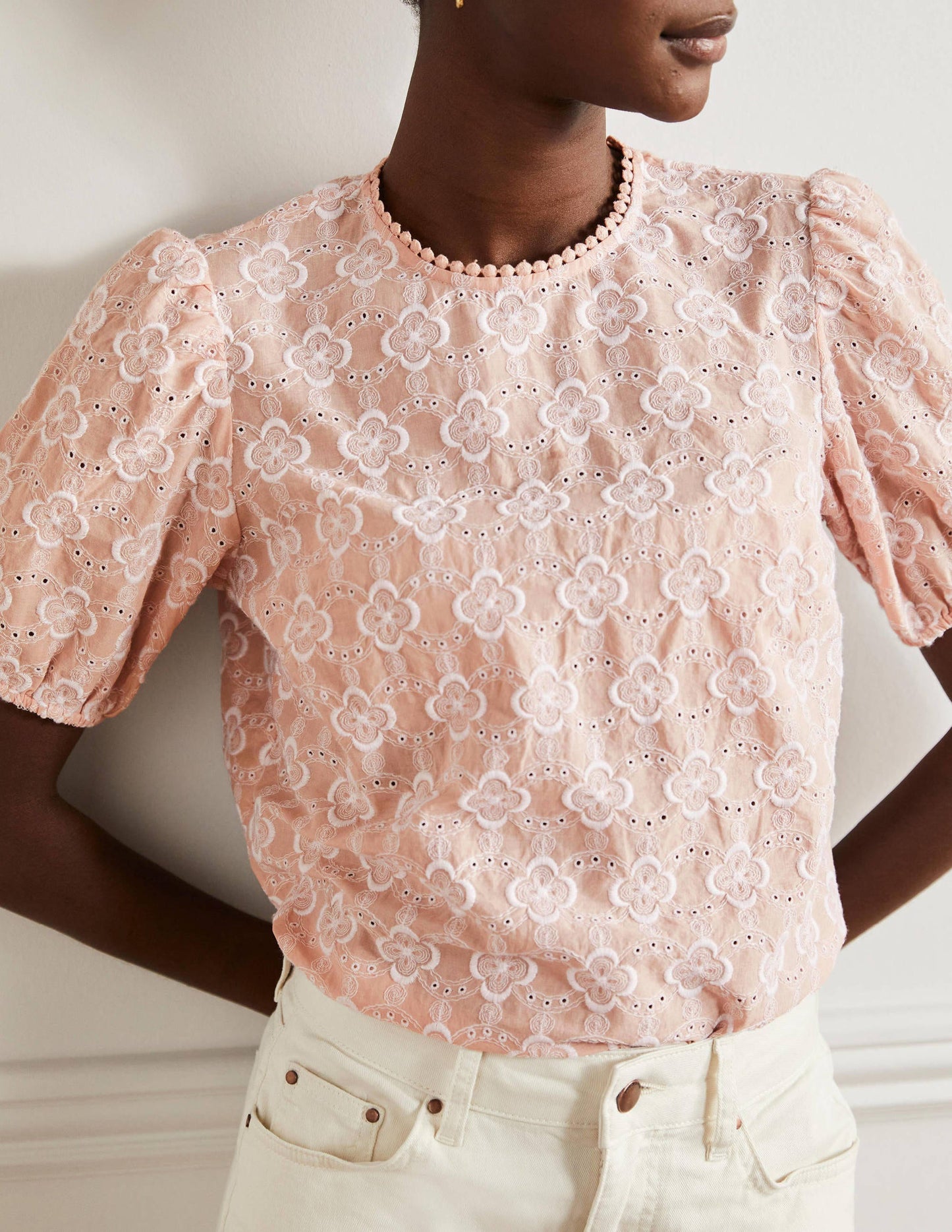 Broderie Puff Sleeve Top-Milkshake