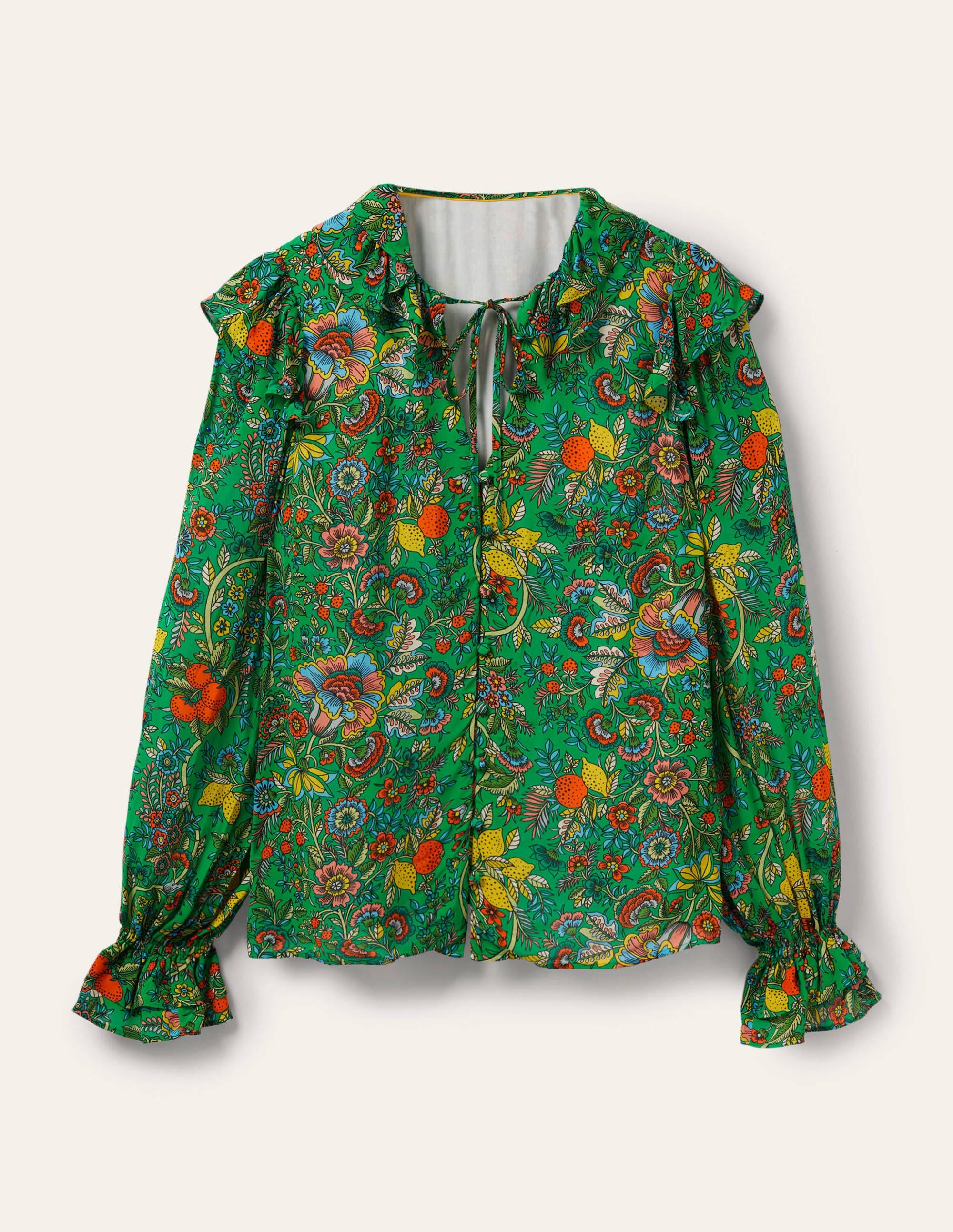 Ruffle Neck Blouse-Rich Emerald, Tropic Meadow - Image 5