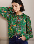 Ruffle Neck Blouse-Rich Emerald, Tropic Meadow
