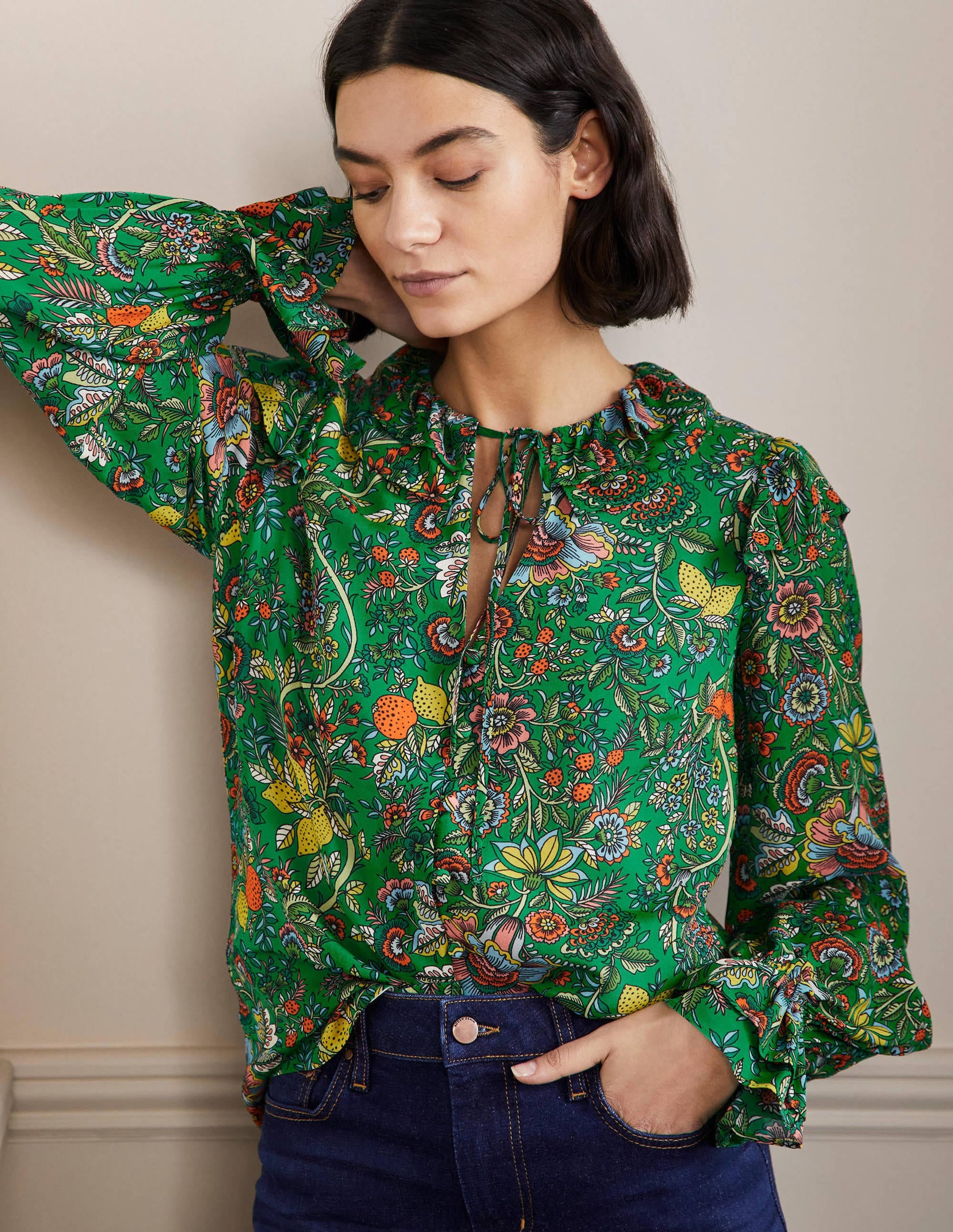 Ruffle Neck Blouse-Rich Emerald, Tropic Meadow - Image 1