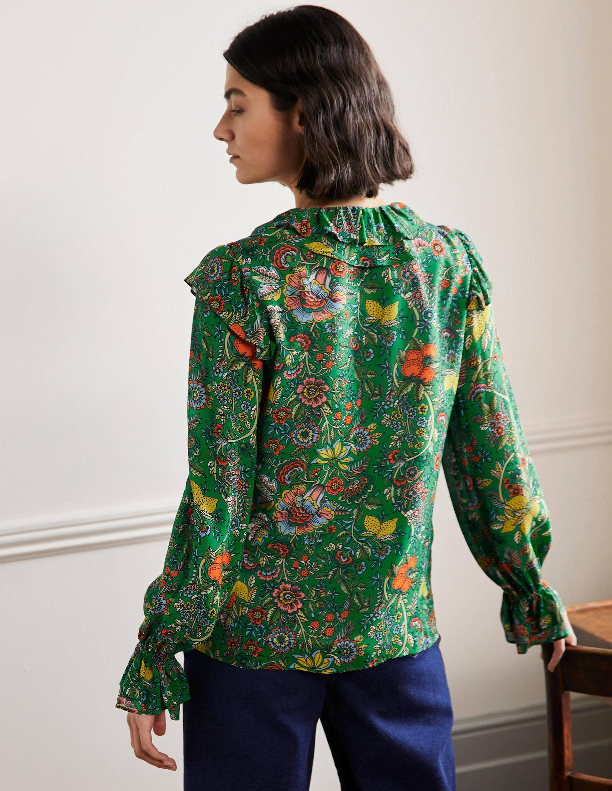 Ruffle Neck Blouse-Rich Emerald, Tropic Meadow - Image 3
