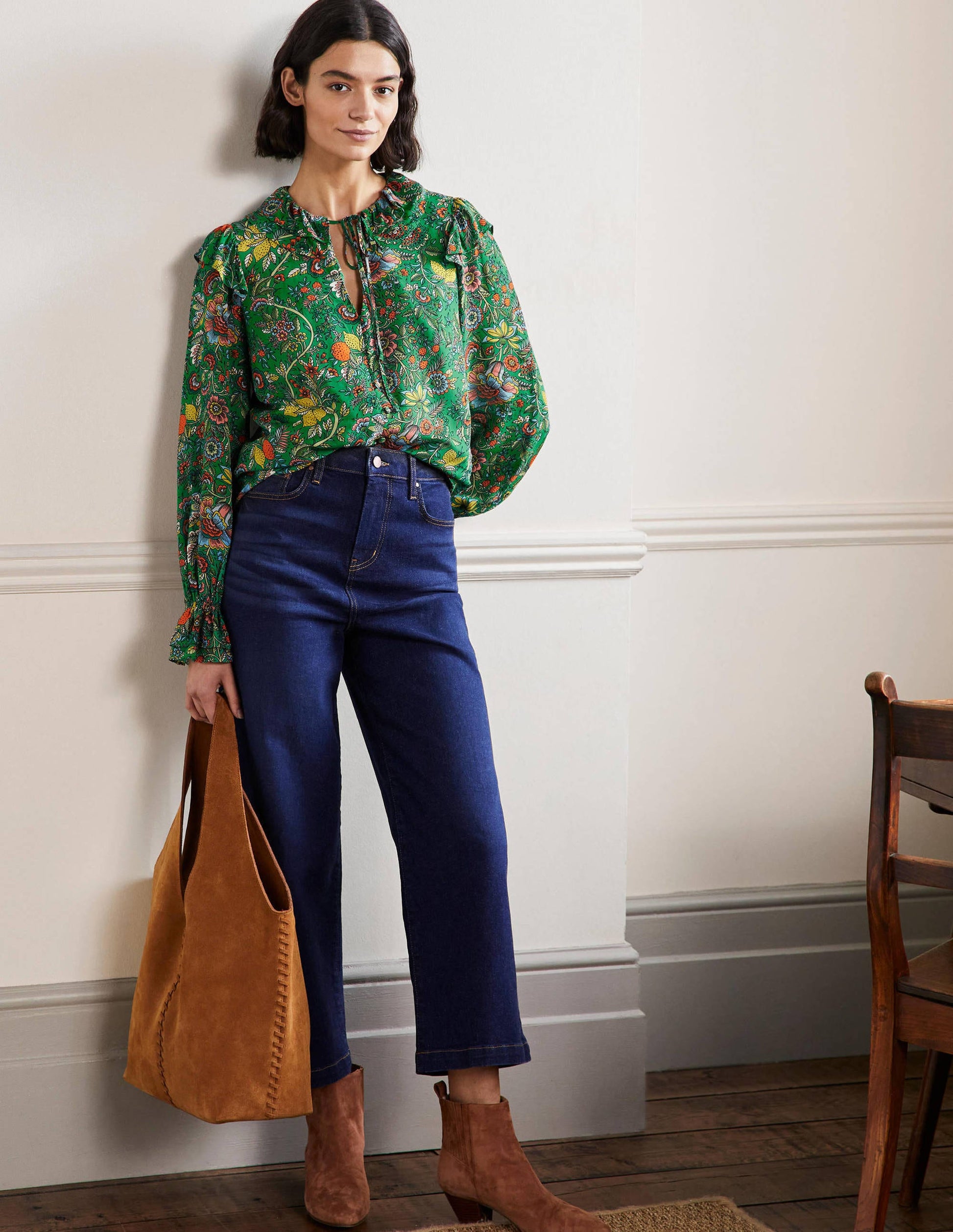 Ruffle Neck Blouse-Rich Emerald, Tropic Meadow-4