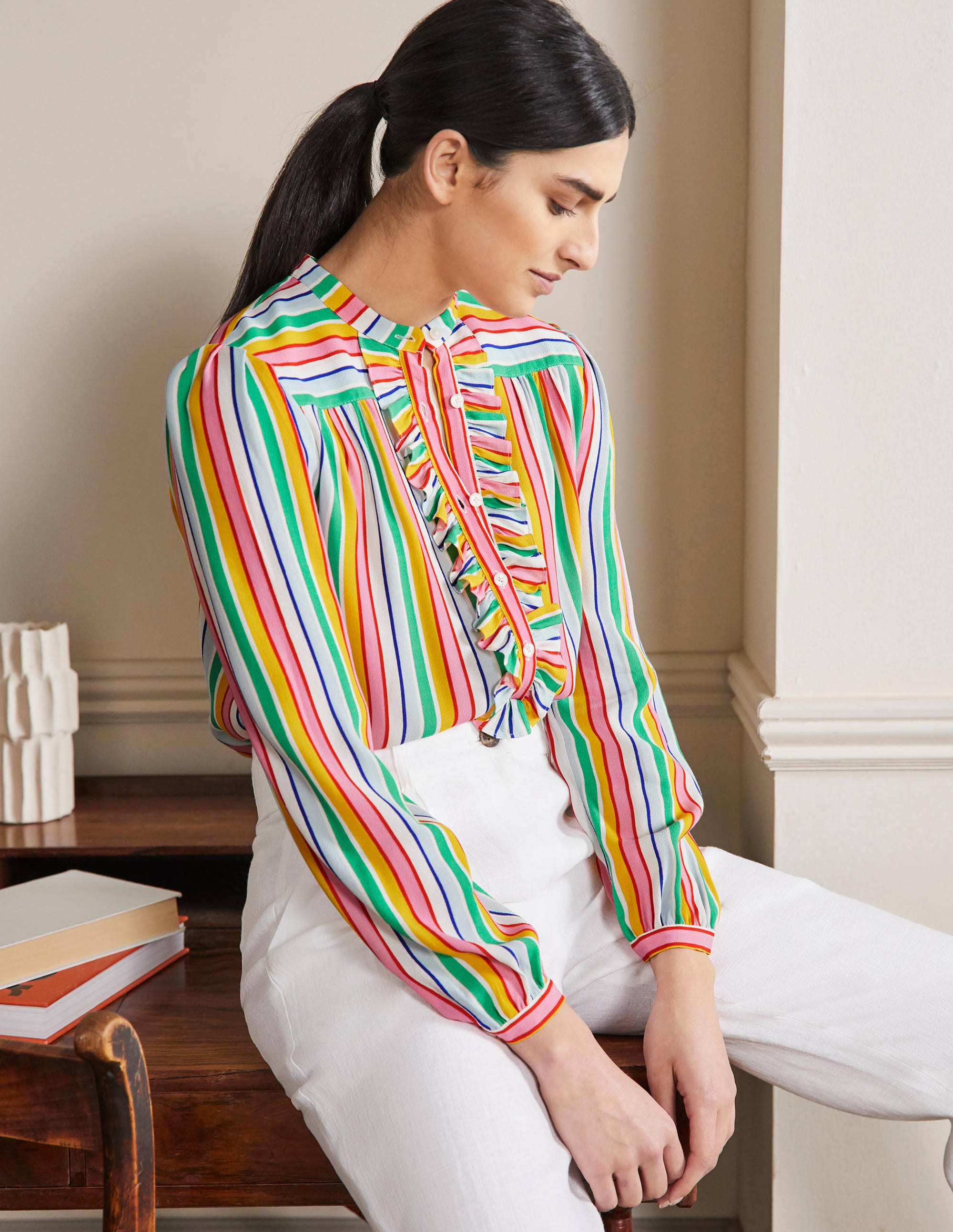 Ruffle Popover Blouse-Rainbow Multistripe - Image 4