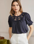 Anais Crochet Puff Sleeve Top-Navy