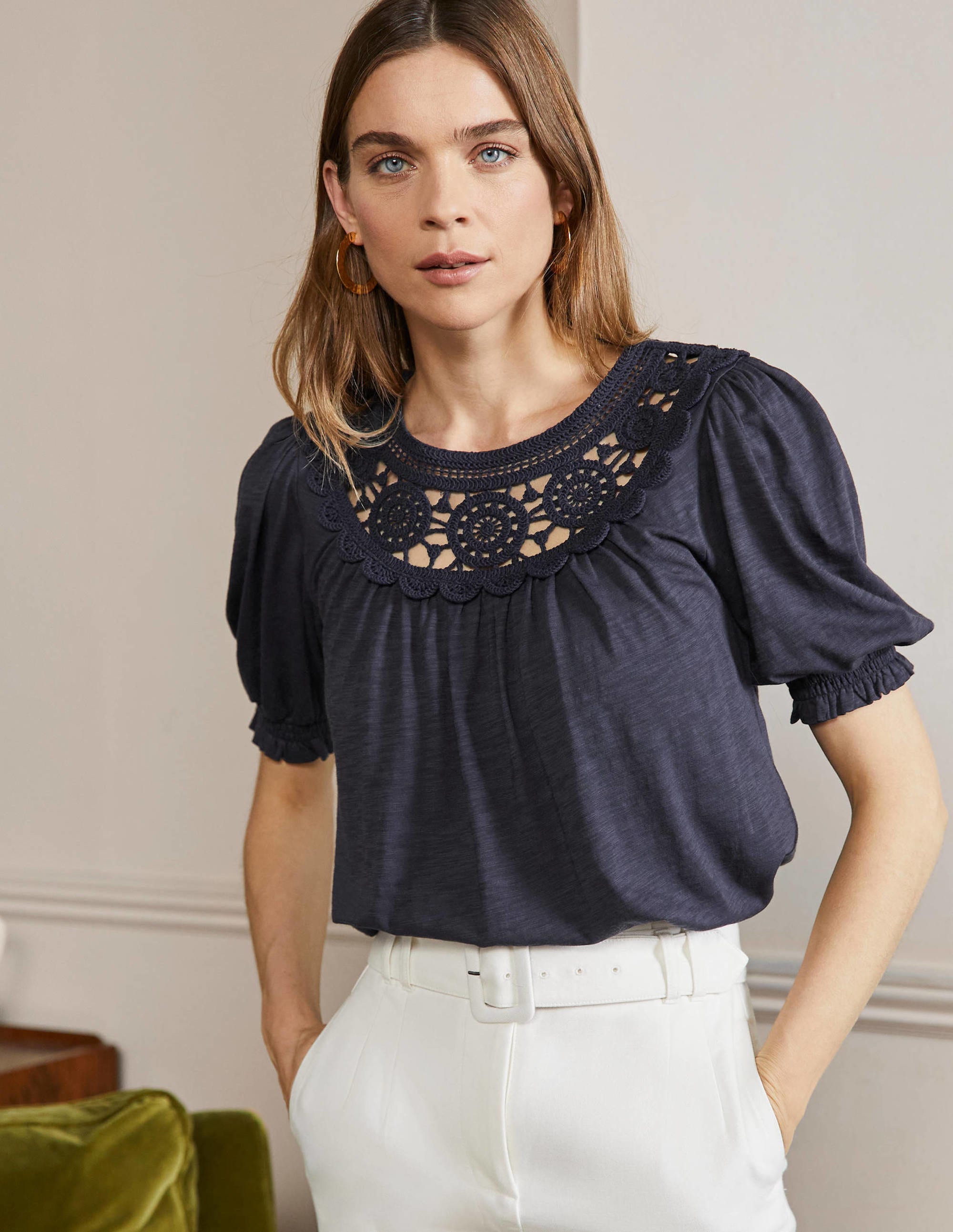 Anais Gehäkeltes Oberteil mit Puffärmeln-Marineblau - Image 1