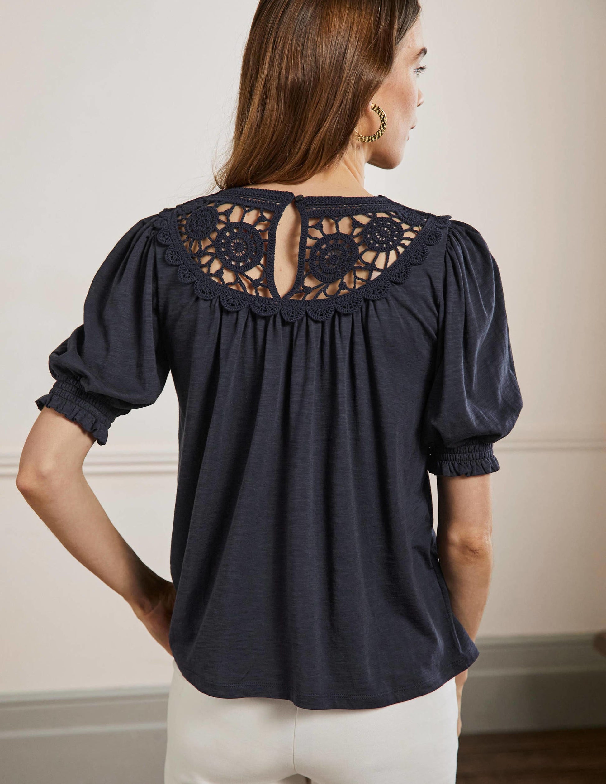 Anais Gehäkeltes Oberteil mit Puffärmeln-Marineblau-3