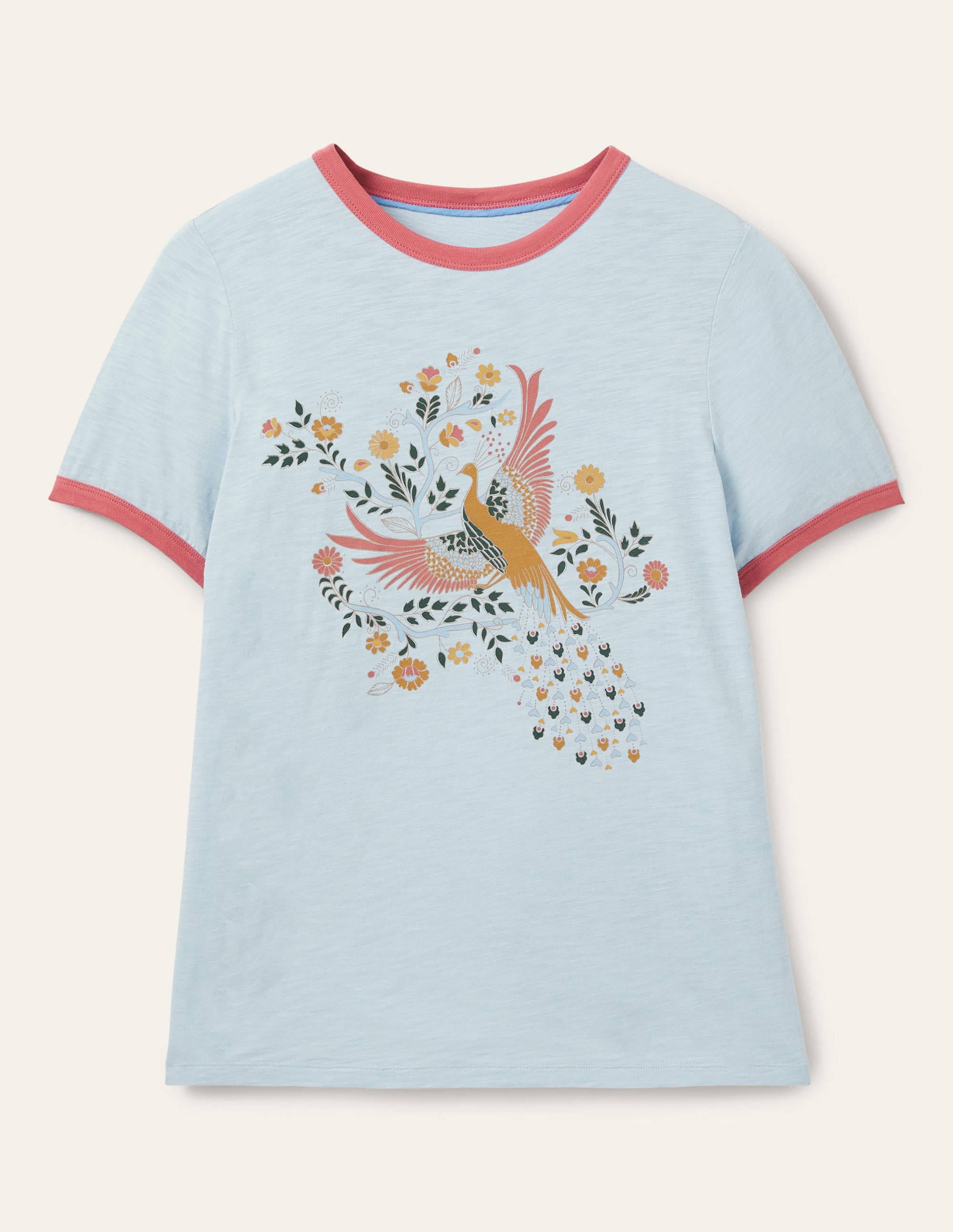 T-shirt en coton contrastant à bordures côtelées-Bleu, motif Enchanting Peacock - Image 5