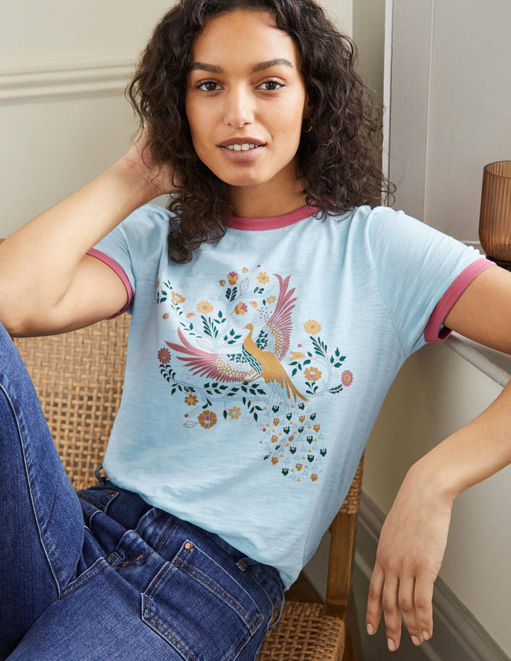 Contrast Rib Cotton T-Shirt-Blue, Enchanting Peacock