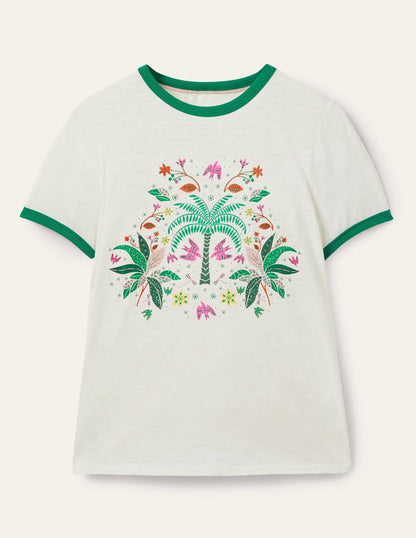 Baumwoll-T-Shirt mit kontrastierenden Rippbündchen-Naturweiß, Orientalisches Muster