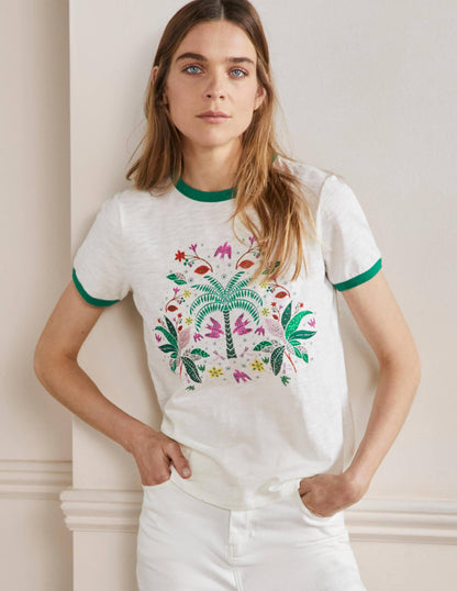 Baumwoll-T-Shirt mit kontrastierenden Rippbündchen-Naturweiß, Orientalisches Muster