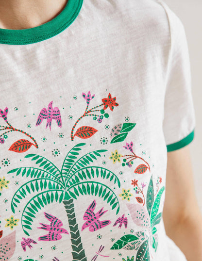 Baumwoll-T-Shirt mit kontrastierenden Rippbündchen-Naturweiß, Orientalisches Muster