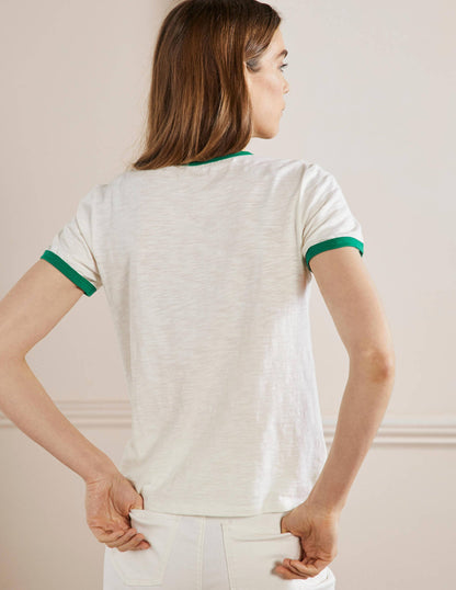 Baumwoll-T-Shirt mit kontrastierenden Rippbündchen-Naturweiß, Orientalisches Muster