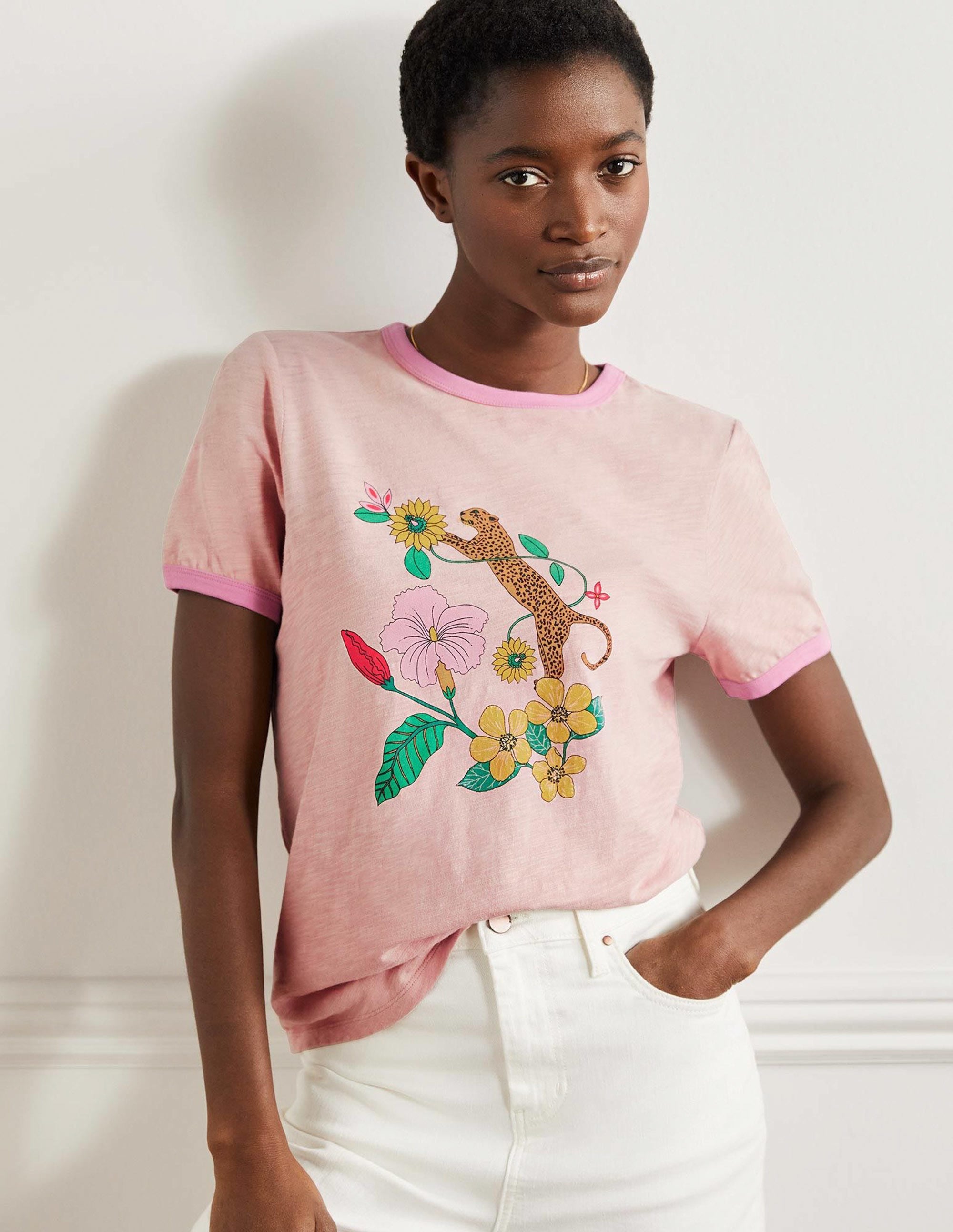 T-shirt en coton contrastant à bordures côtelées-Milkshake, motif Exotic Paradise - Image 1